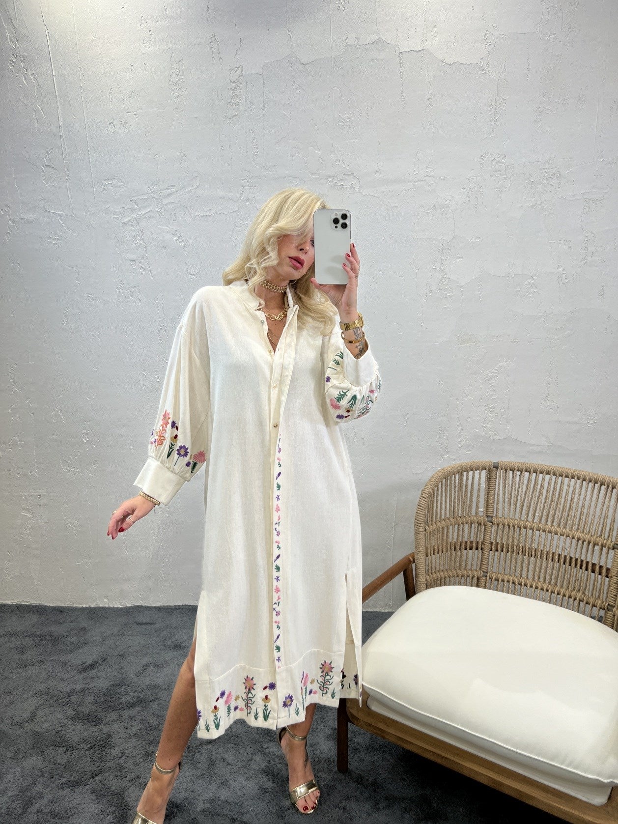 Spread Collar Long Sleeve With Floral Embroidered Midi Shirt Dress In Cream