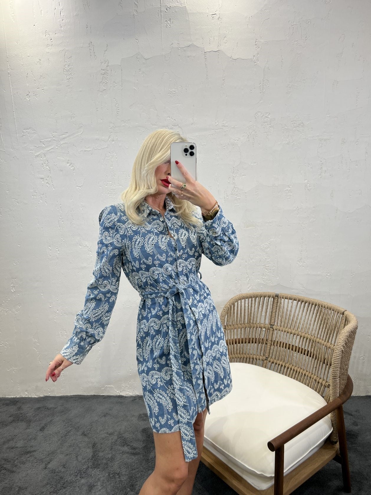 Broderie Long Sleeve Mini Denim Shirt Dress With Tie Waist - trendynow