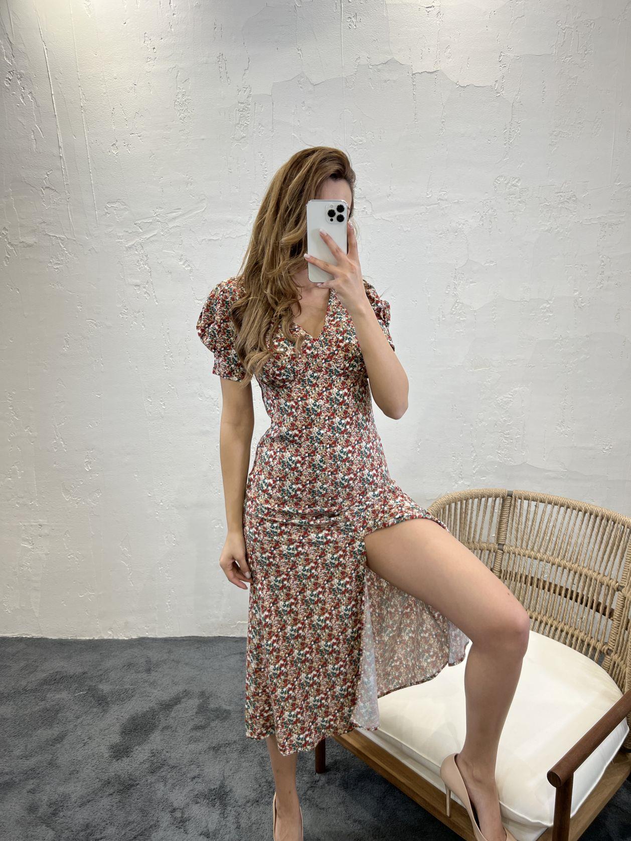 Button Through Balloon Sleeve Midi Dress in Floral Print - trendynow