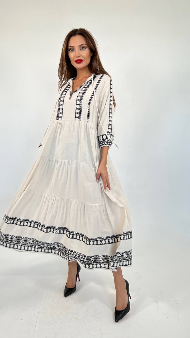 Ethnic Embroidered Long Slevees Midi Linen Smock Dress In Natural Beig trendynow Ethnic Embroidered Long Slevees Midi Linen Smock Dress In Natural Beig trendynow
