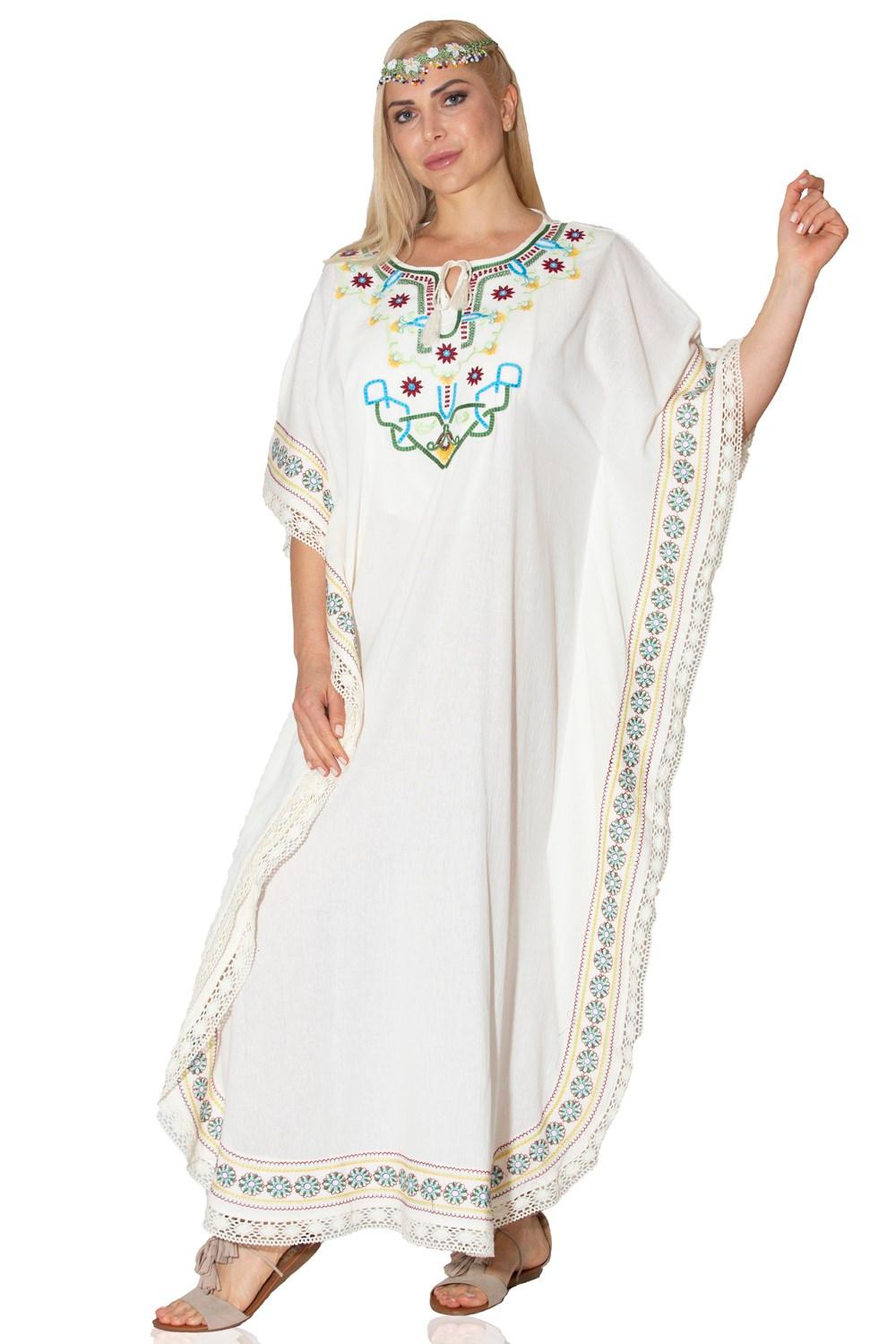 Ethnic Embroidered Short Sleeve Long Dress With Guipure Lace Trim And Ties - trendynow