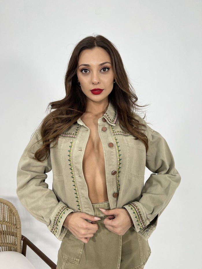 Khaki Jacket with embroidery - trendynow