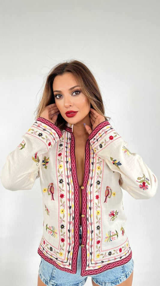 Natural Beige Hip - length Long Sleeve Linen Shirt With Mixed Embroidery - trendynow