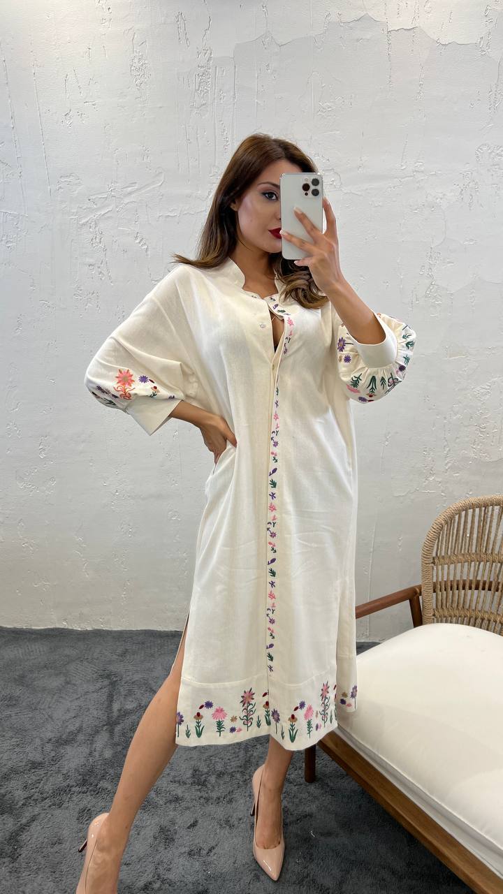 Spread Collar Long Sleeve With Floral Embroidered Midi Shirt Dress In Cream
