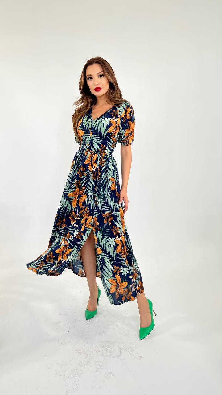 Short Puff Sleeve Maxi Dress In Leaf Print With Shirred Waist
