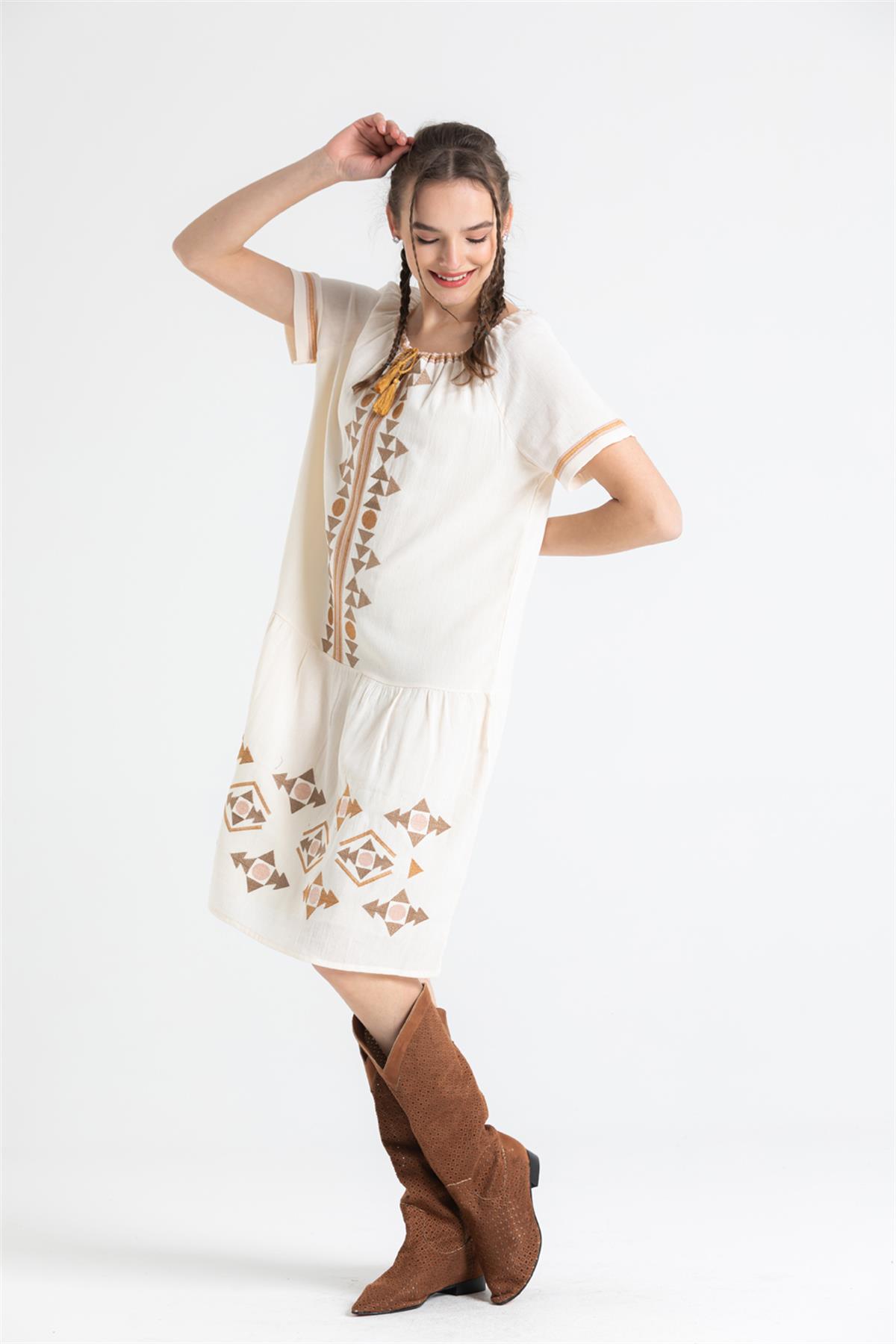 Short Sleeve Sile Cloth Embroidered Tassel - tie Neck Short Dress - trendynow