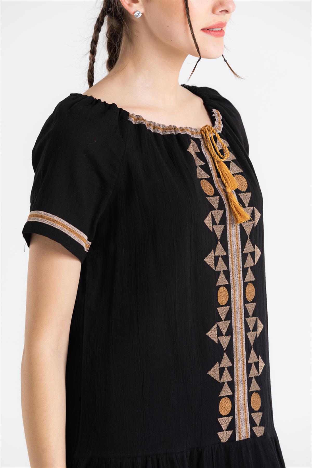 Short Sleeve Sile Cloth Embroidered Tassel - tie Neck Short Dress - trendynow
