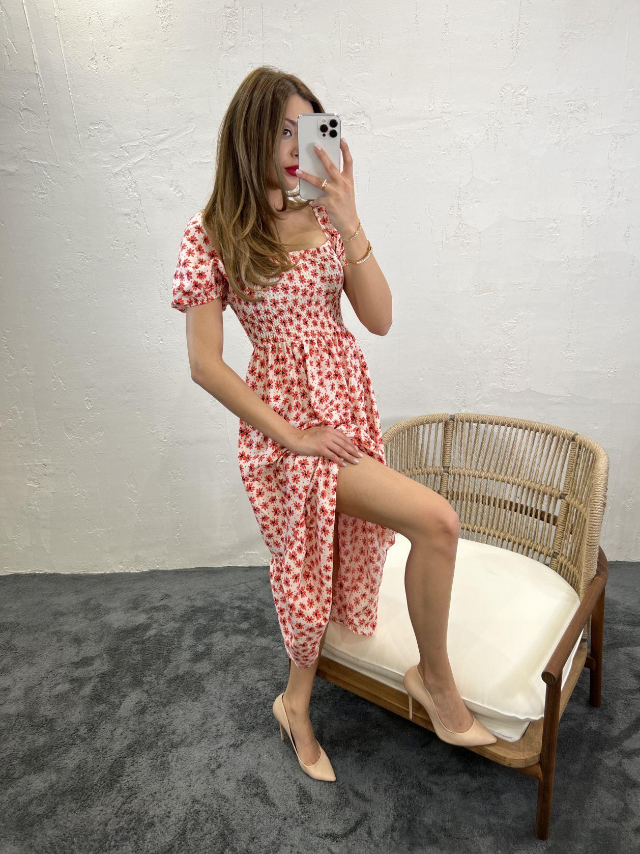 Square Neck Puff Sleeves Shirred Poplin Midi Dress In Floral Print - trendynow