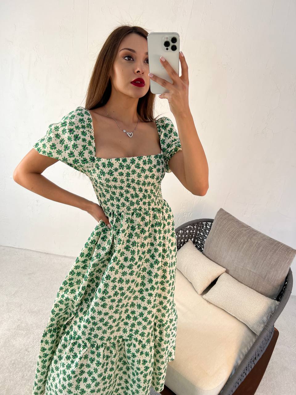 Square Neck Puff Sleeves Shirred Poplin Midi Dress In Floral Print - trendynow
