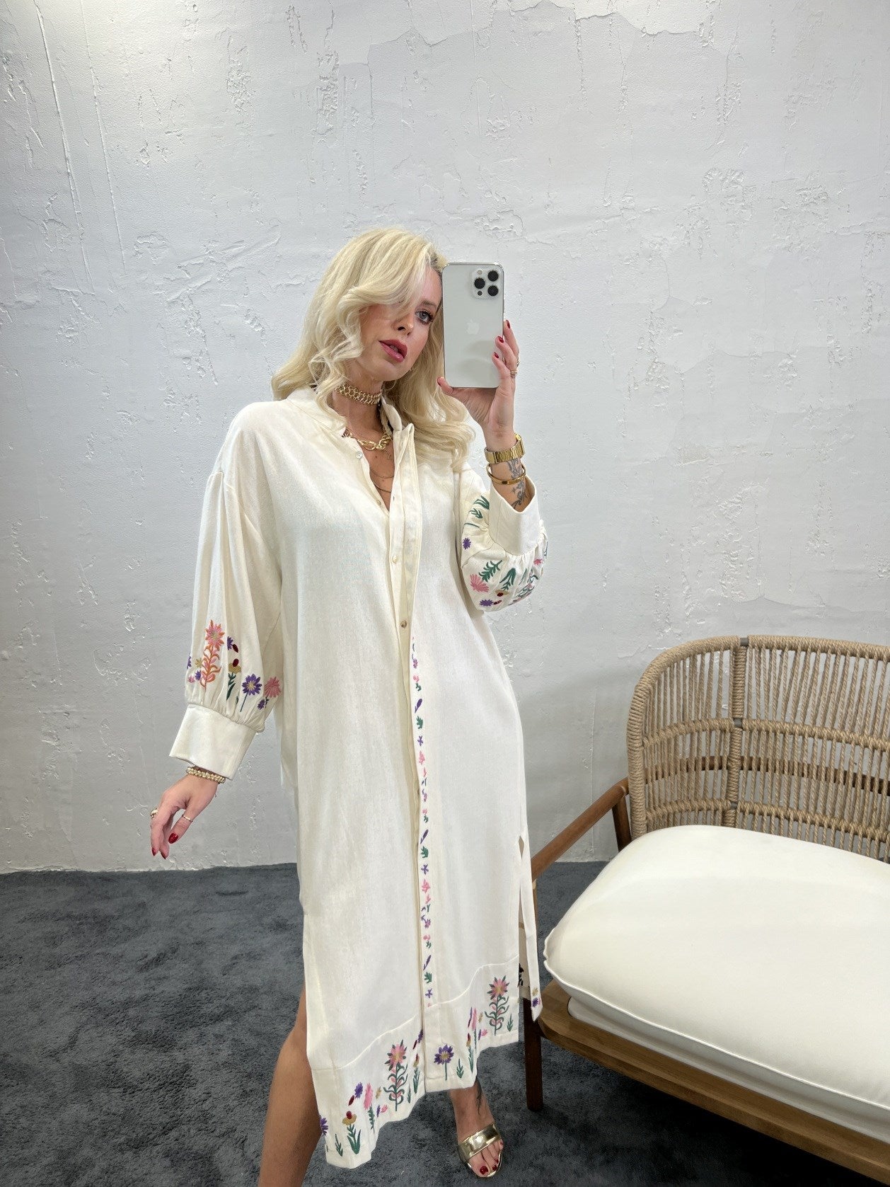 Spread Collar Long Sleeve With Floral Embroidered Midi Shirt Dress In Cream
