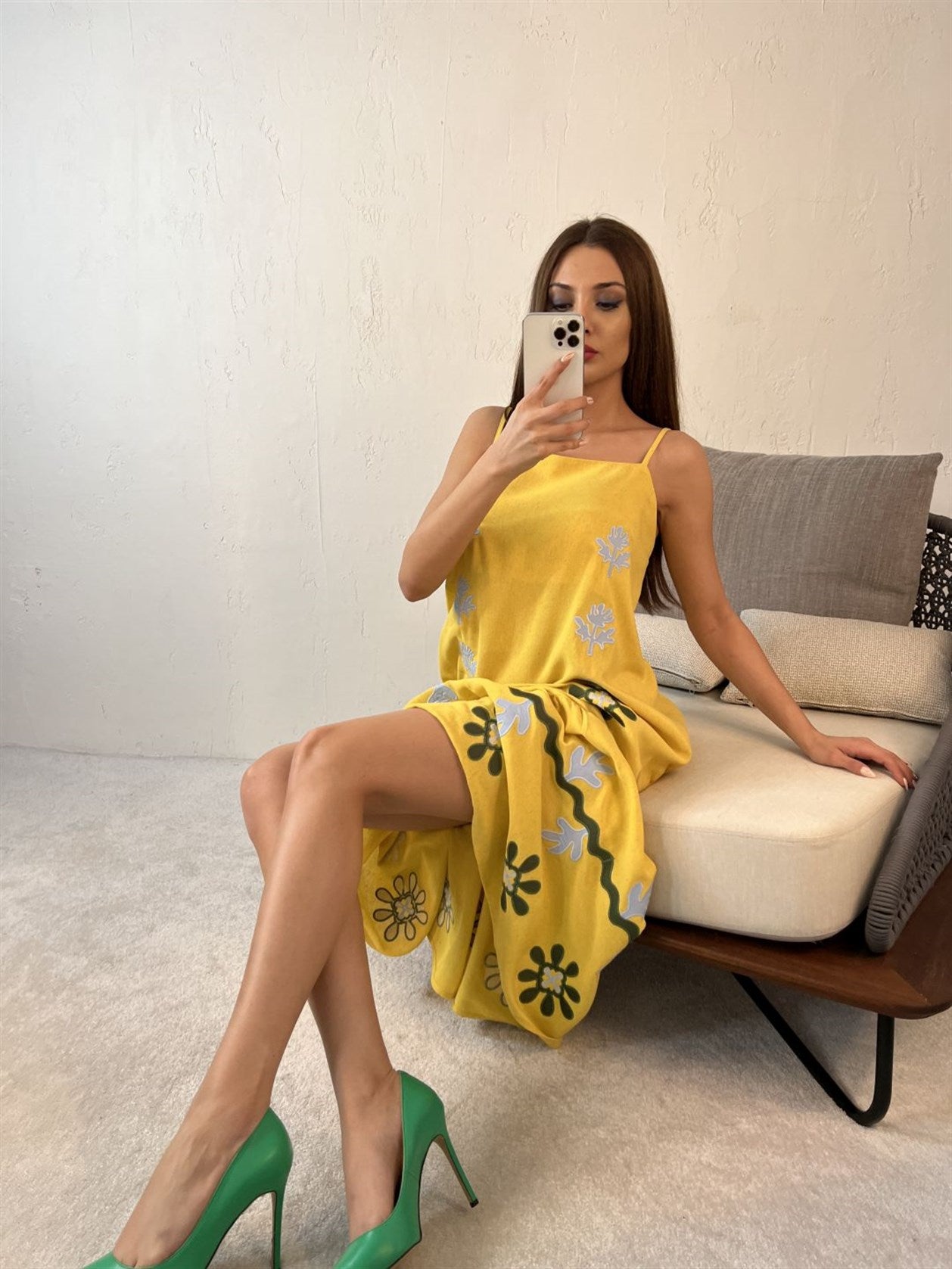 Square Neck Strappy Floral Embroidered Midi Dress In Yellow