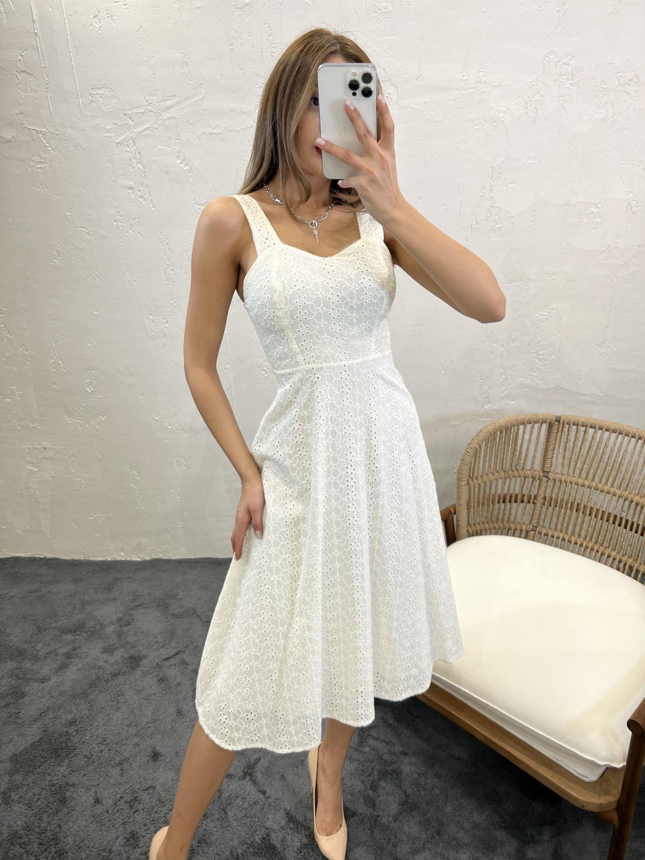 Sweetheart Neck Strappy Midi Broderie Dress In White