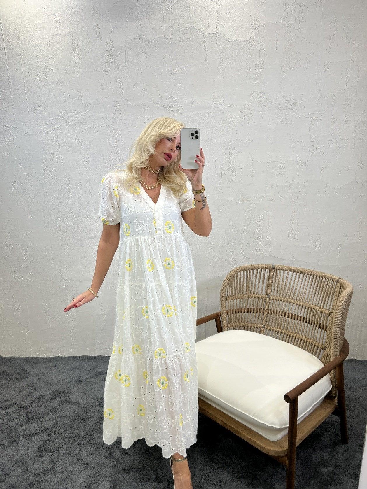 Short Puff Sleeve Maxi Broderie Dress in White with Yellow Floral Embroidery - trendynow