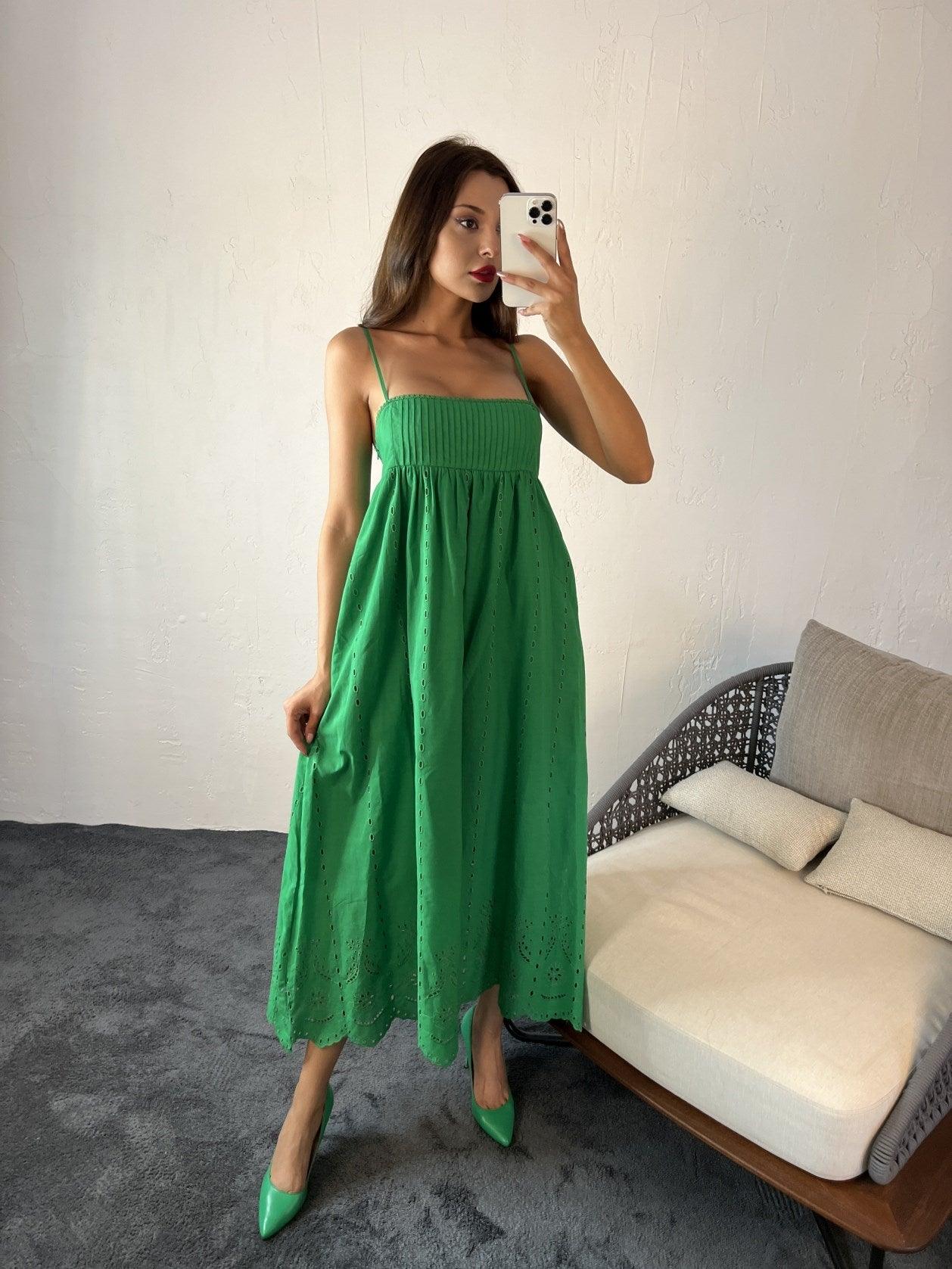 Strappy Square Neck Broderie Maxi Dress In Green With Rib Detail On The Chest - trendynow