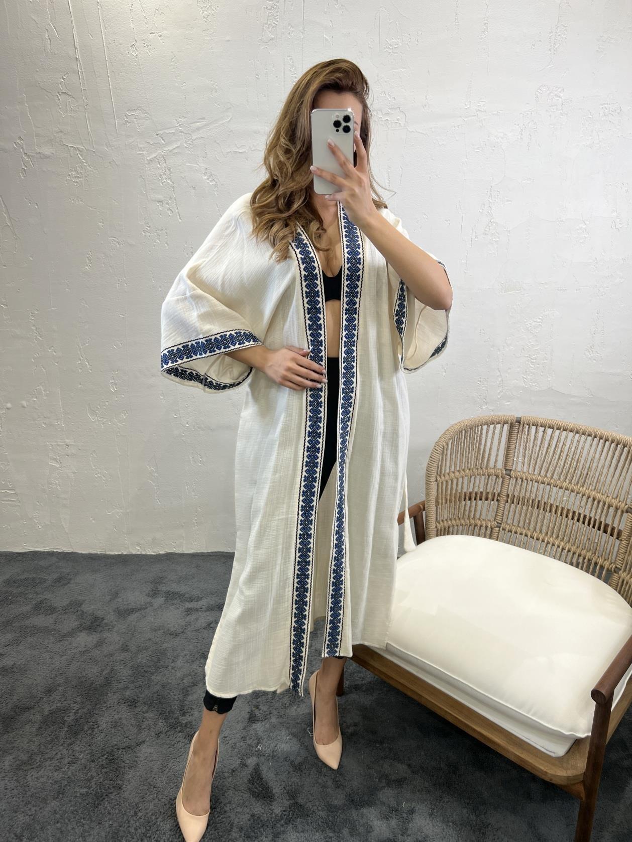 Batwing Sleeve Midi Muslin Kimono In Natural Beige With Blue Embroidery Detail - trendynow