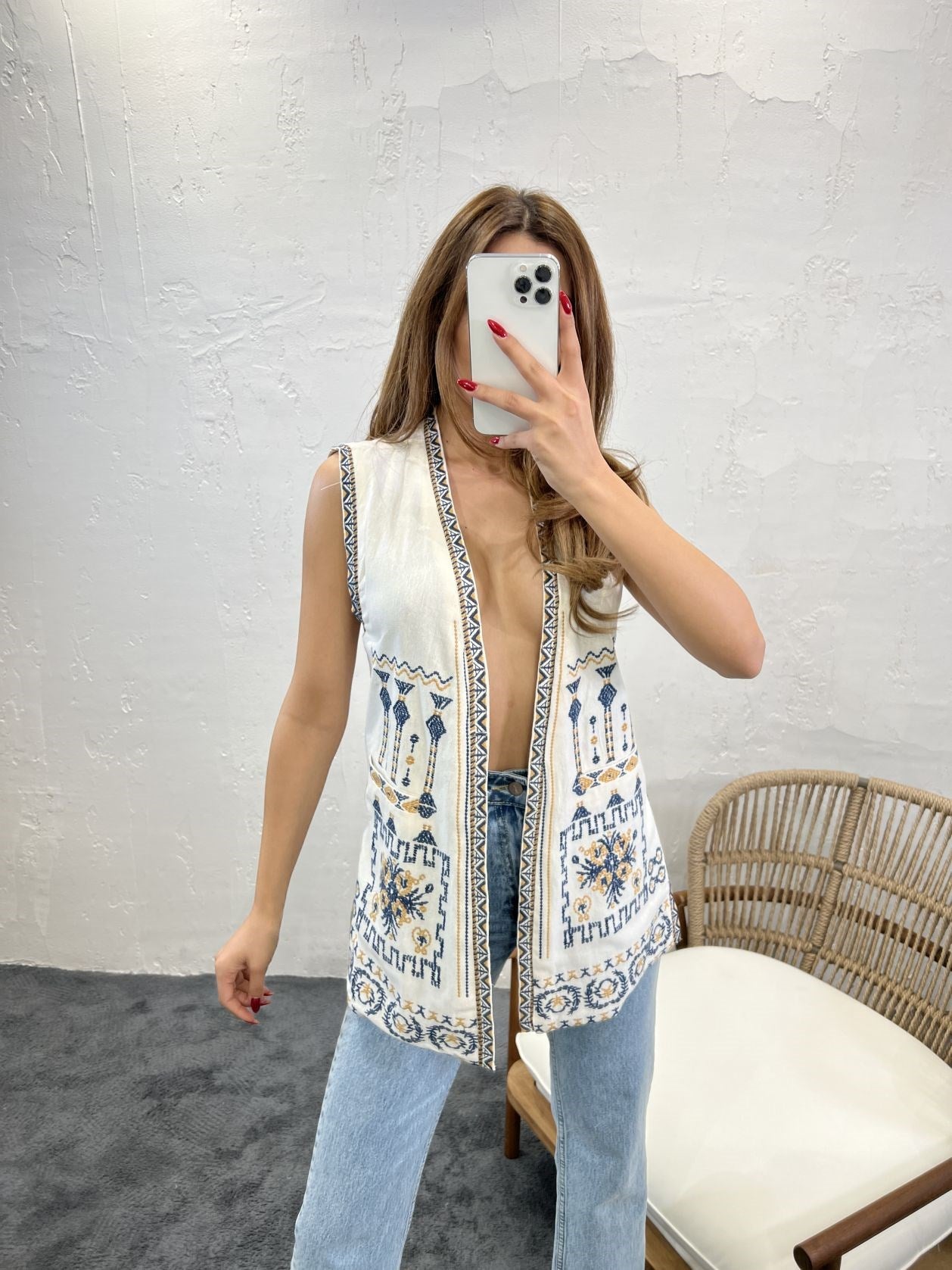 Ethnic Embroidered Hip Level Sleeveless Linen Waistcoat In Natural Beige
