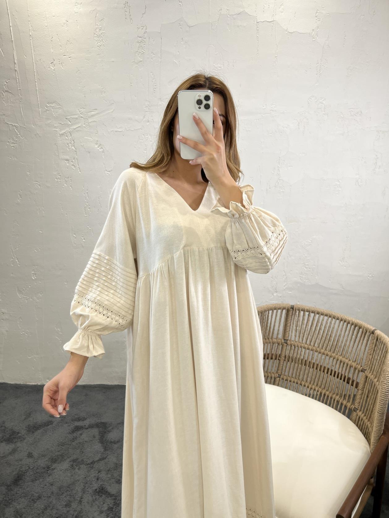 Natural Linen Maxi Smock Dress With Long Puff Sleeves, Ribs And Lace Trim - trendynow