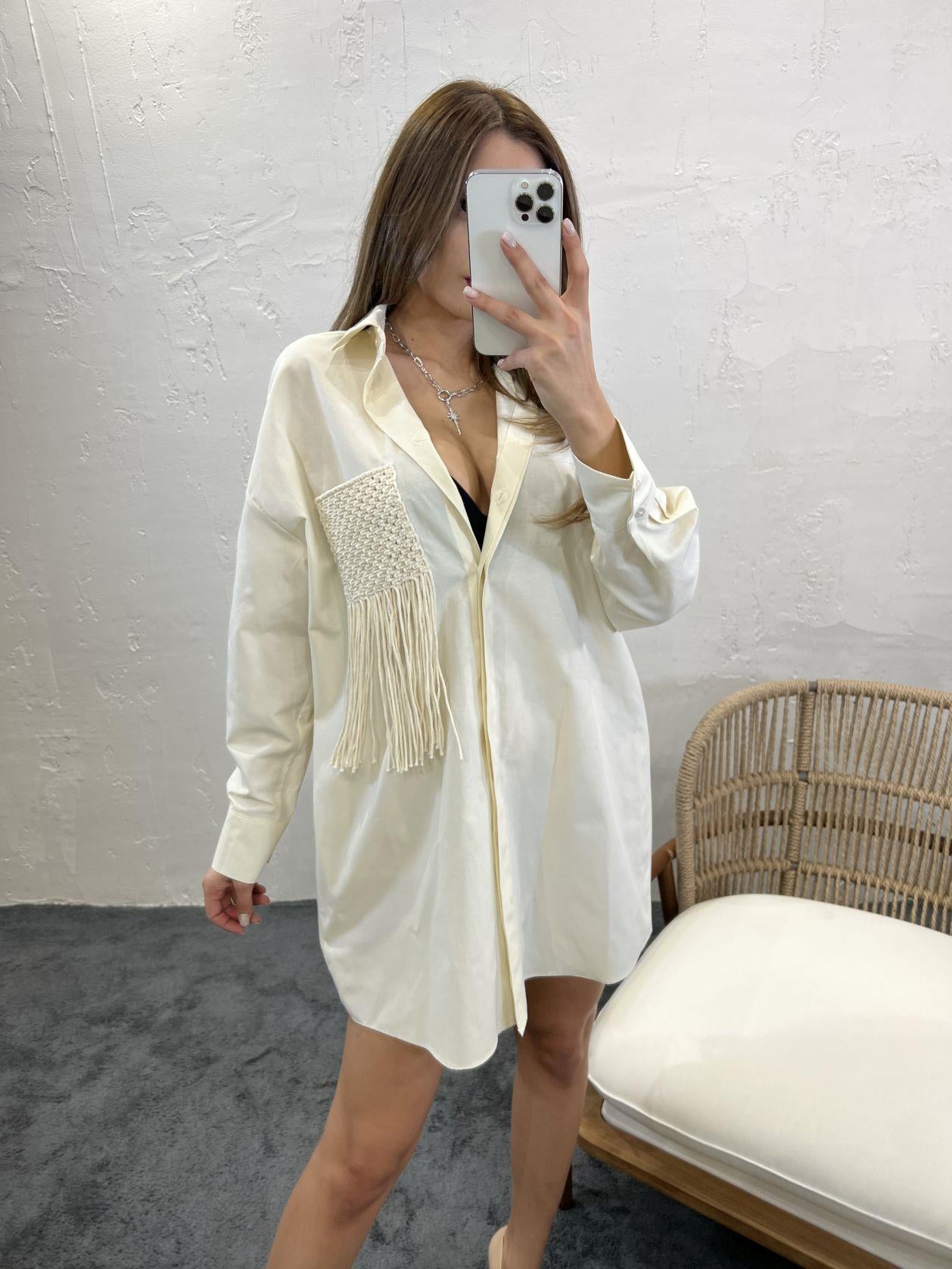 Oversized Button Down Shirt With Fringe Detail In Ecru