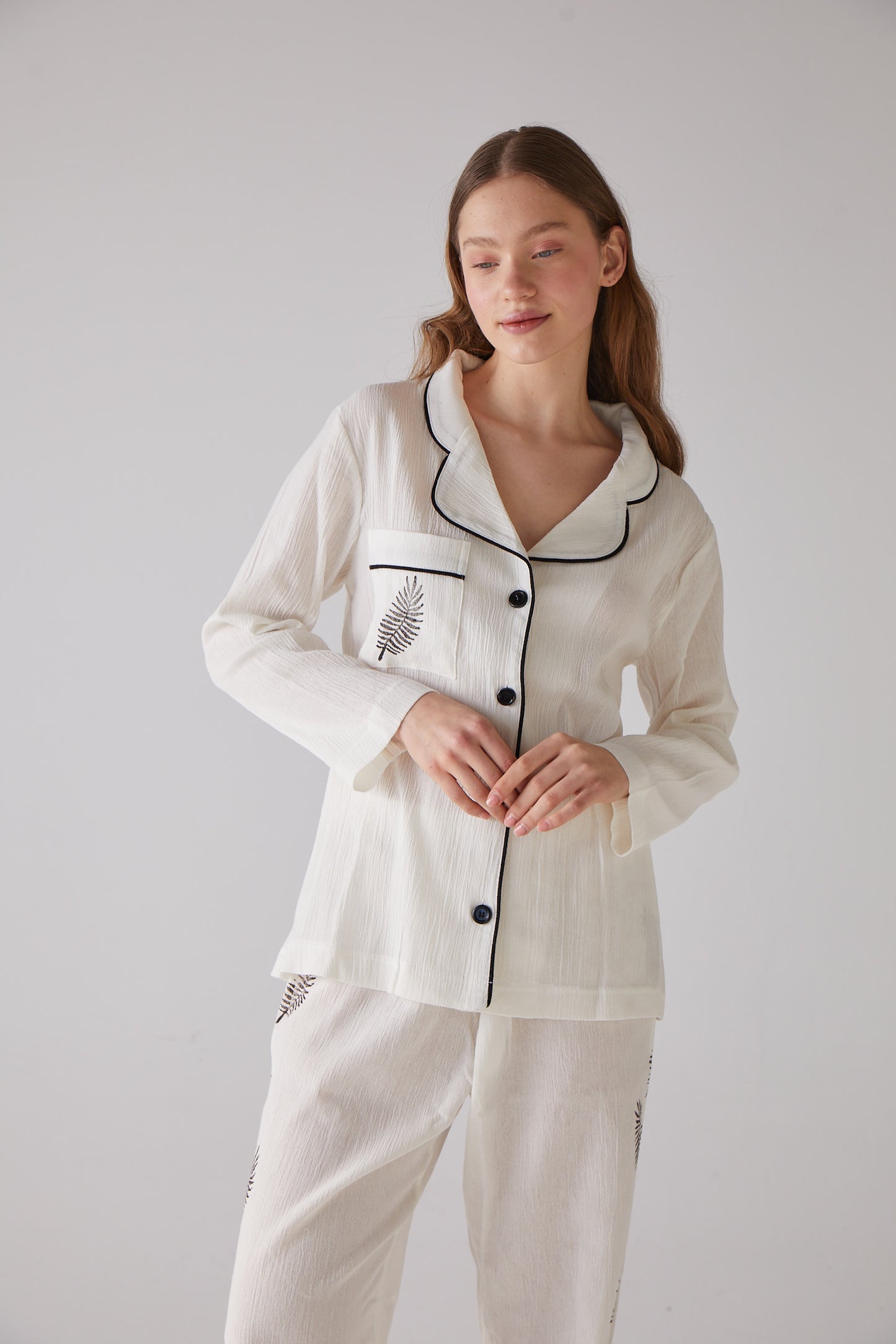 Leaf Pattern White Long Pyjama Set - 100% Organic Cotton