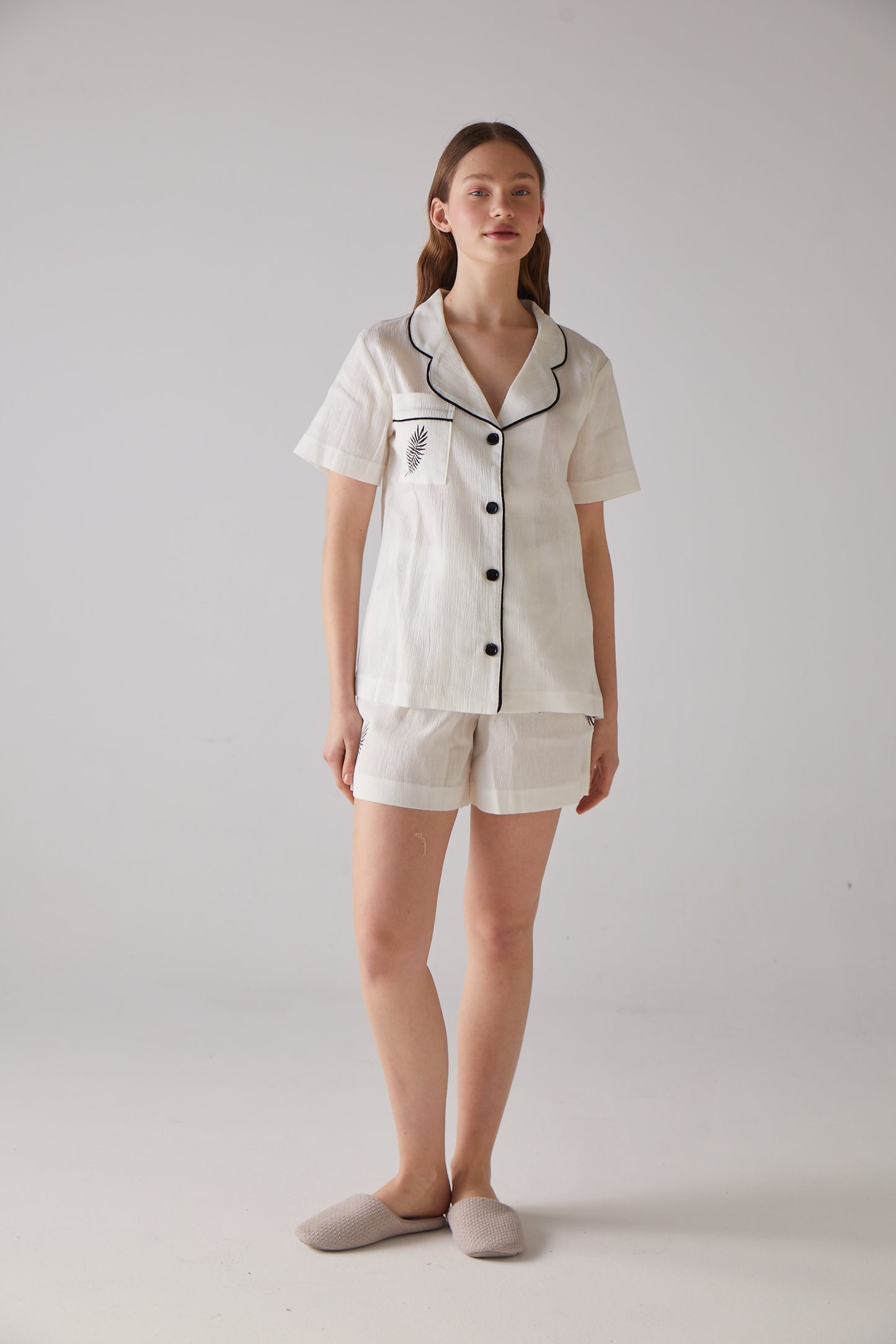 Leaf Pattern White Short Pyjama Set - 100% Organic Cotton