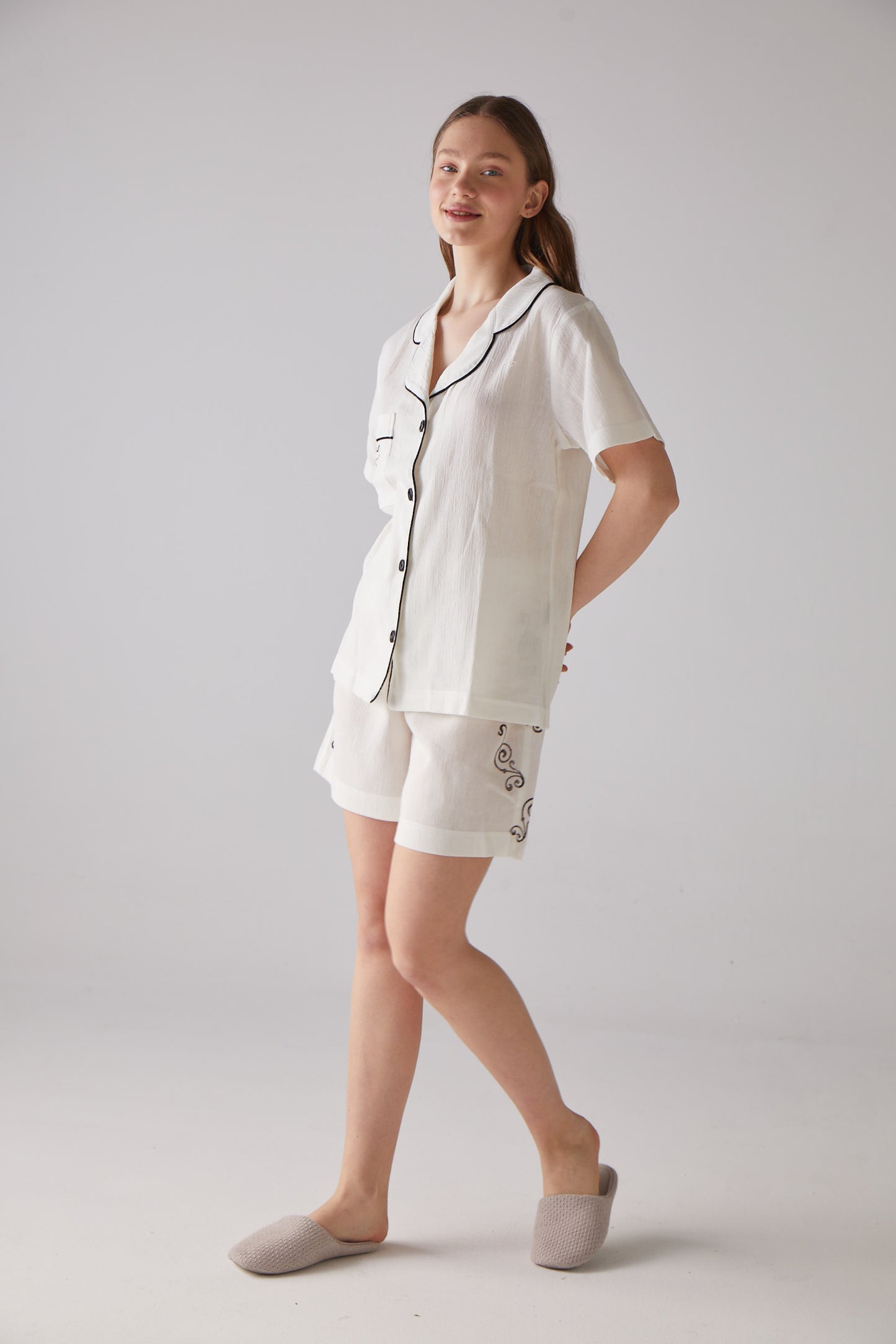 Clef Pattern White Short Pyjama Set - 100% Organic Cotton