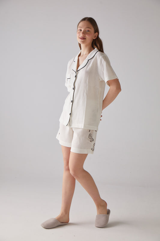 Pyjama Court Blanc Motif Clef - 100% Coton Bio