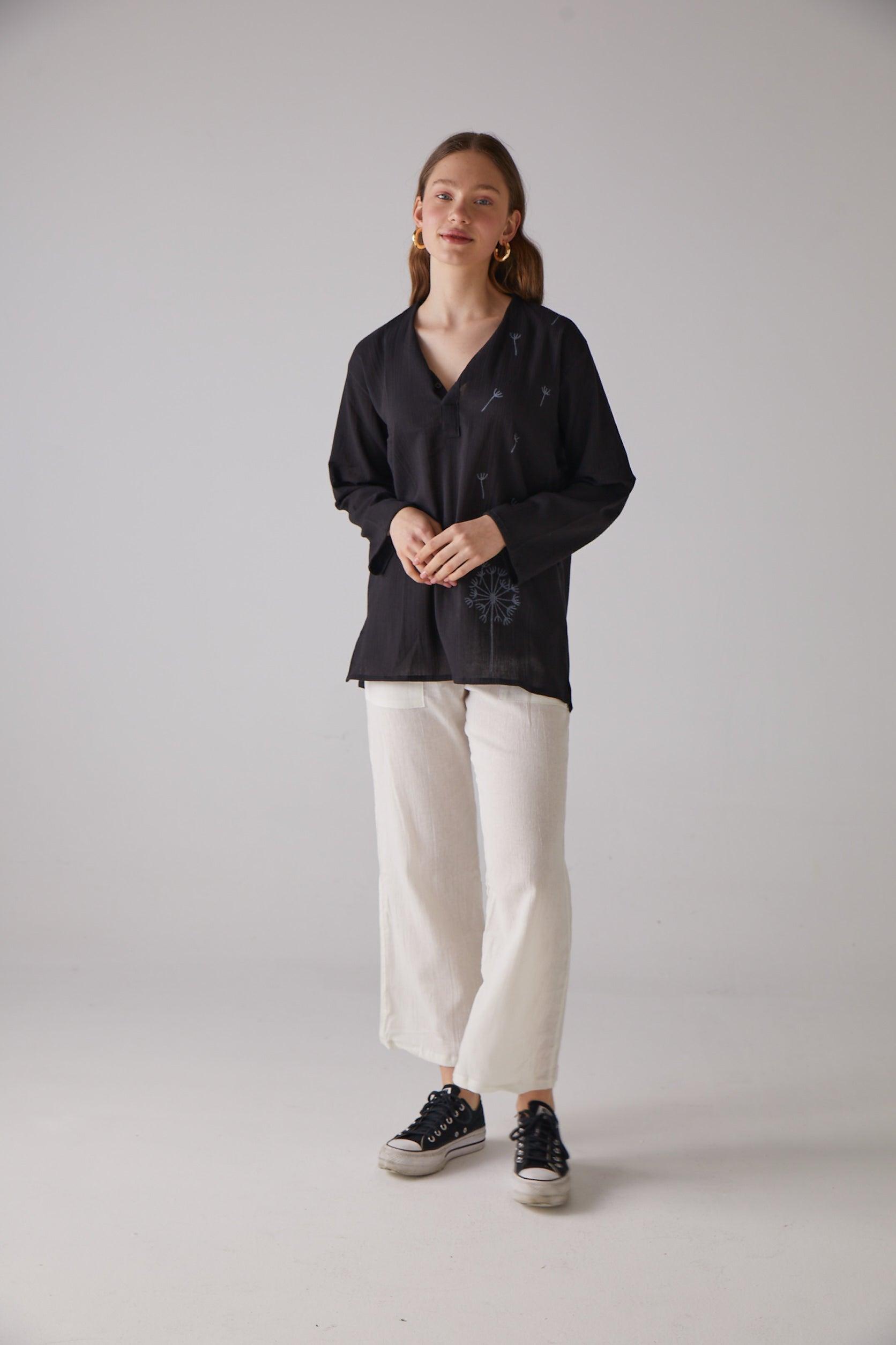 Long - Sleeve Black Shirt with Chicory Pattern - 100% Organic Cotton - trendynow