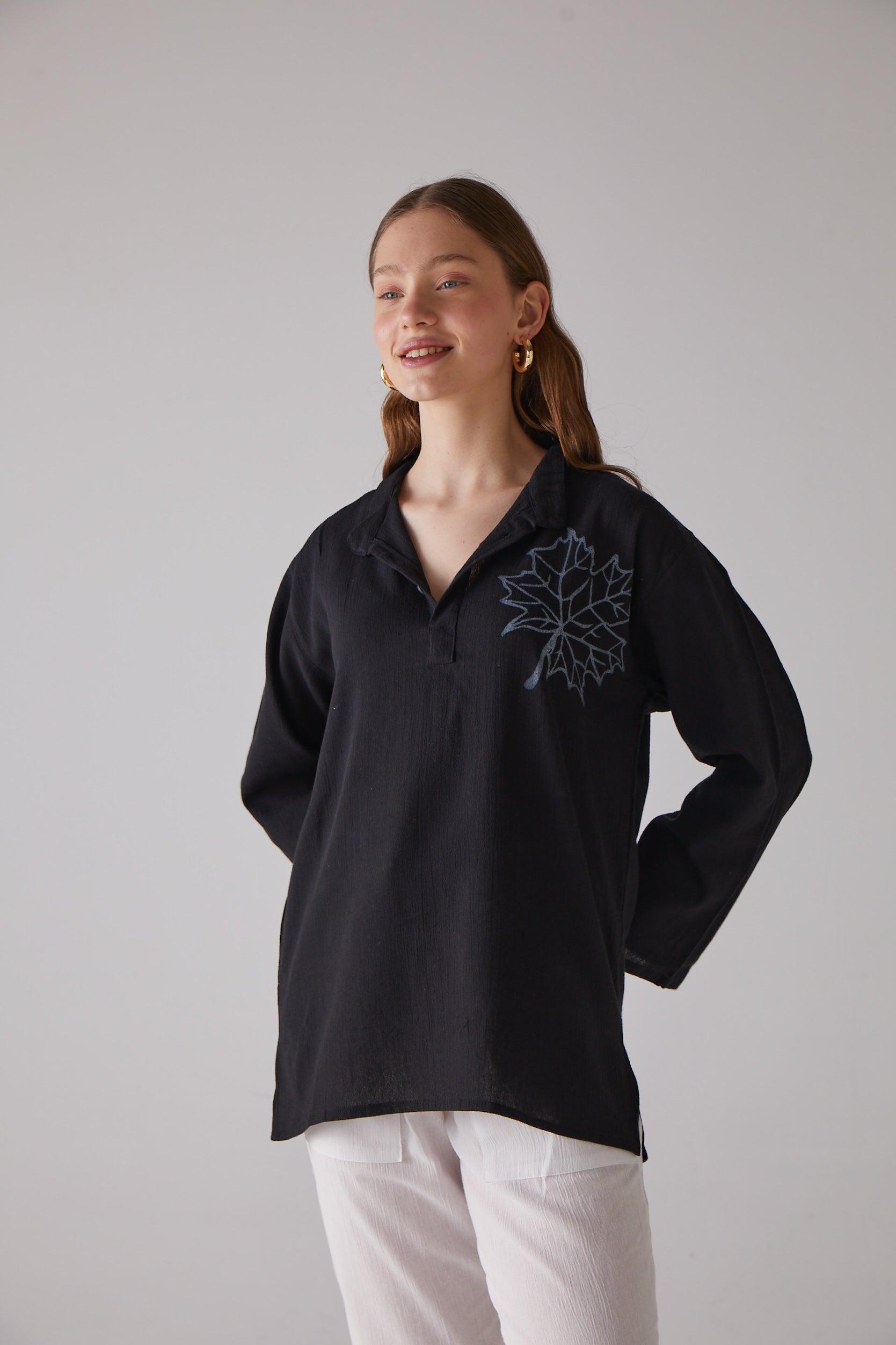 Long - Sleeve Black Shirt with Sycamore Leaf Pattern - 100% Organic Cotton - trendynow