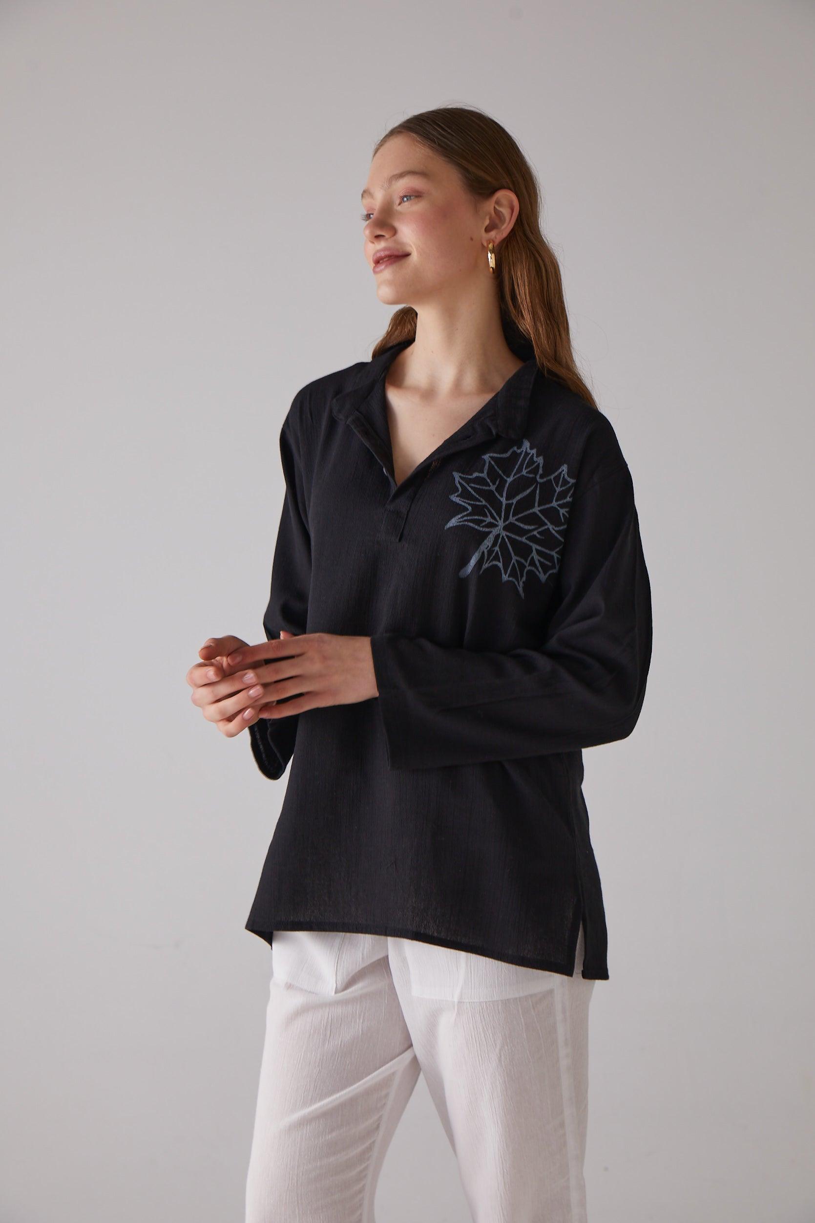 Long - Sleeve Black Shirt with Sycamore Leaf Pattern - 100% Organic Cotton - trendynow