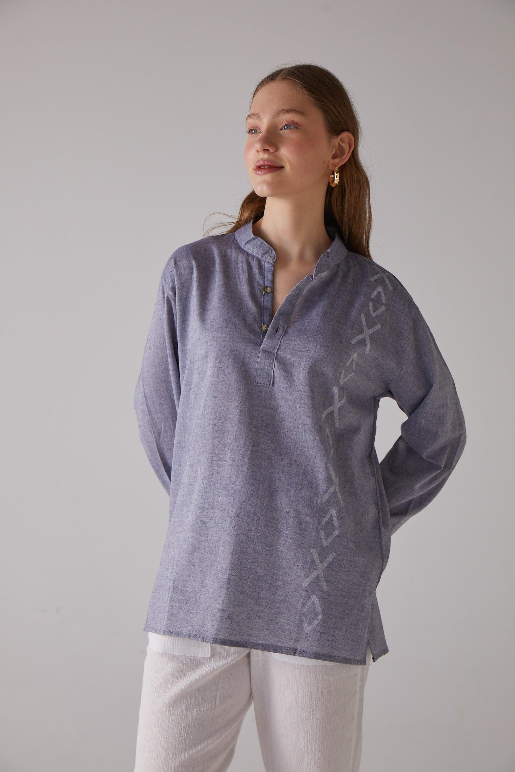 Long-Sleeve Blue X-Cross Pattern Shirt - 100% Organic Cotton - trendynow
