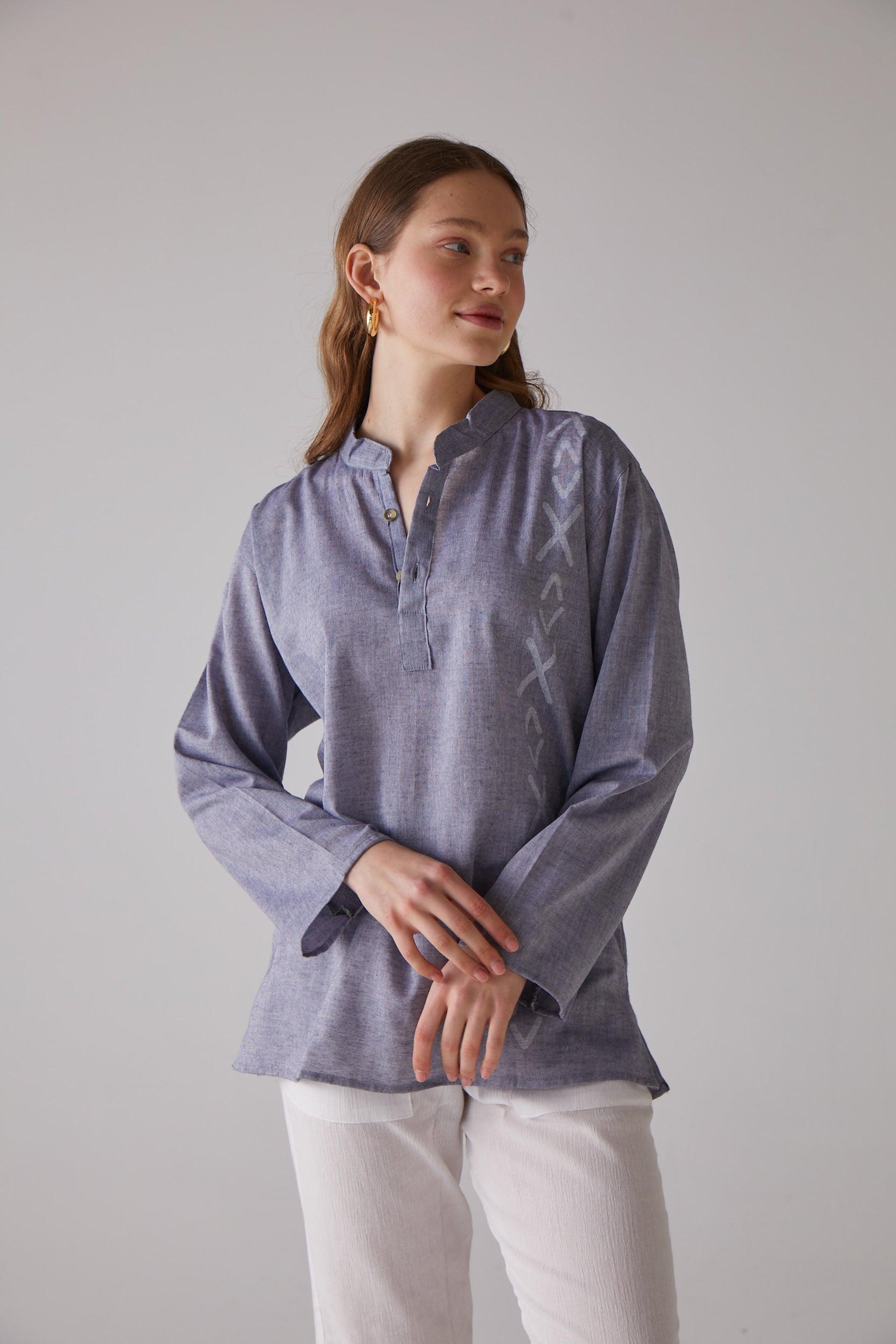 Long-Sleeve Blue X-Cross Pattern Shirt - 100% Organic Cotton - trendynow