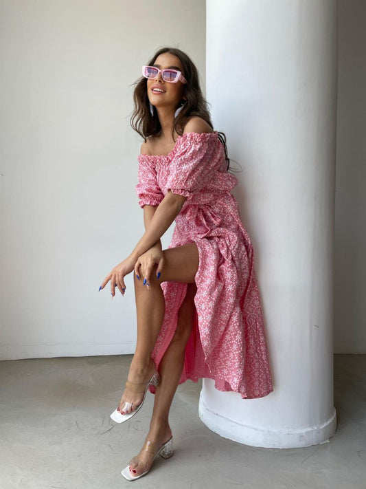 Puff Sleeve Off-the shoulder Floral Seersucker Midi Dress In Pink With Tie Waist