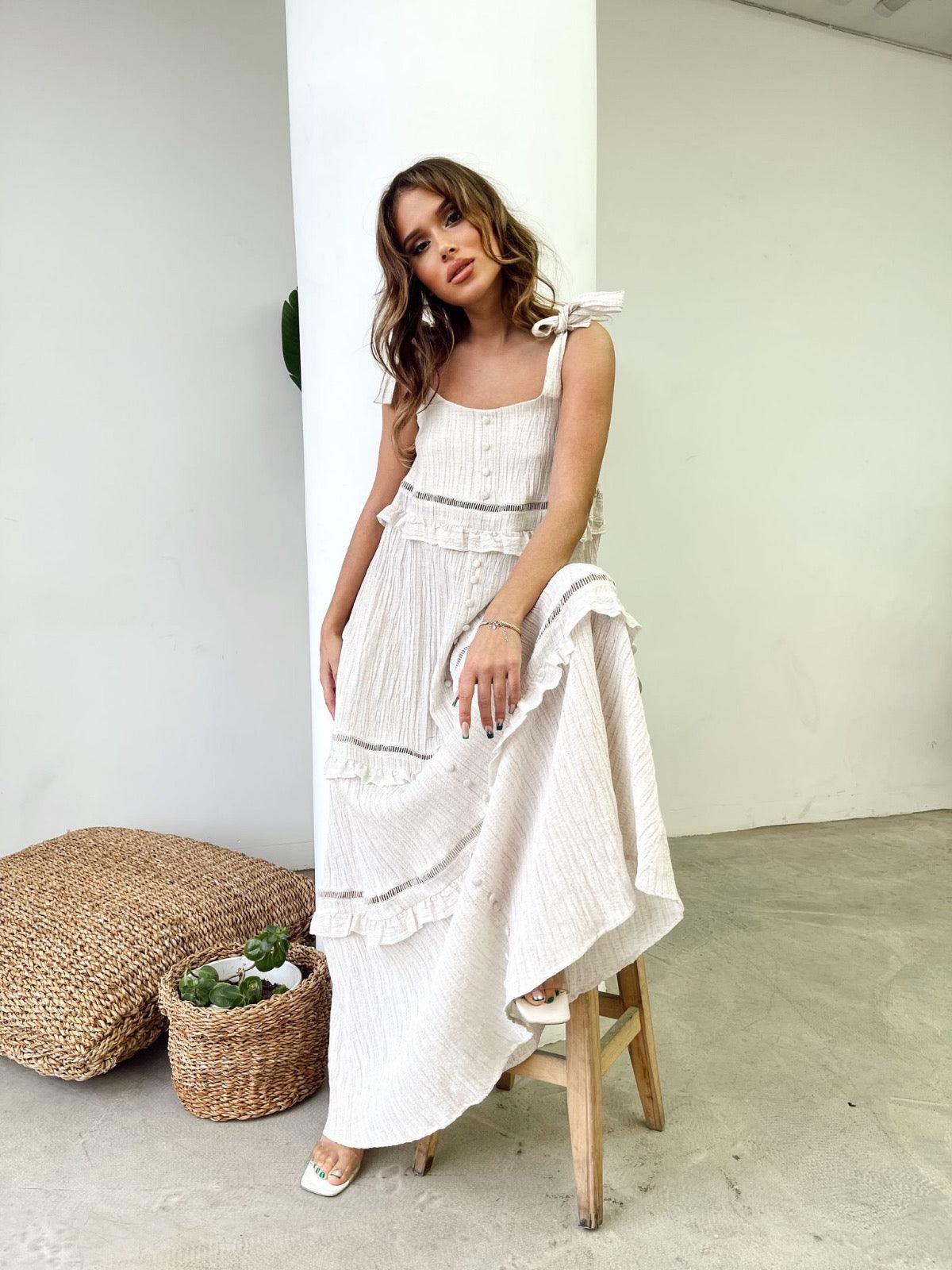 Frill Detail Tie-strapy Seersucker Maxi Dress With Crochet Inserts - trendynow