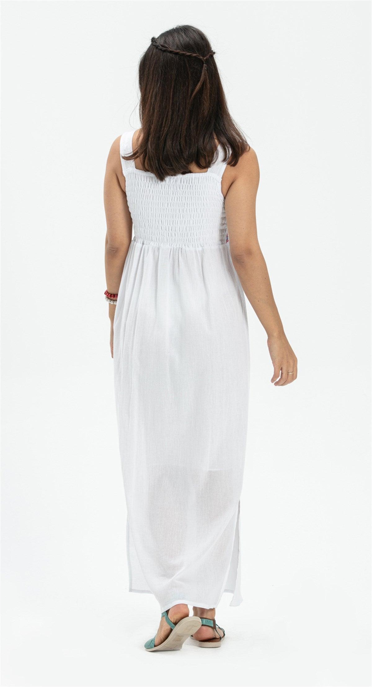 Strappy Ethnic Embroidered White Long Dress - trendynow