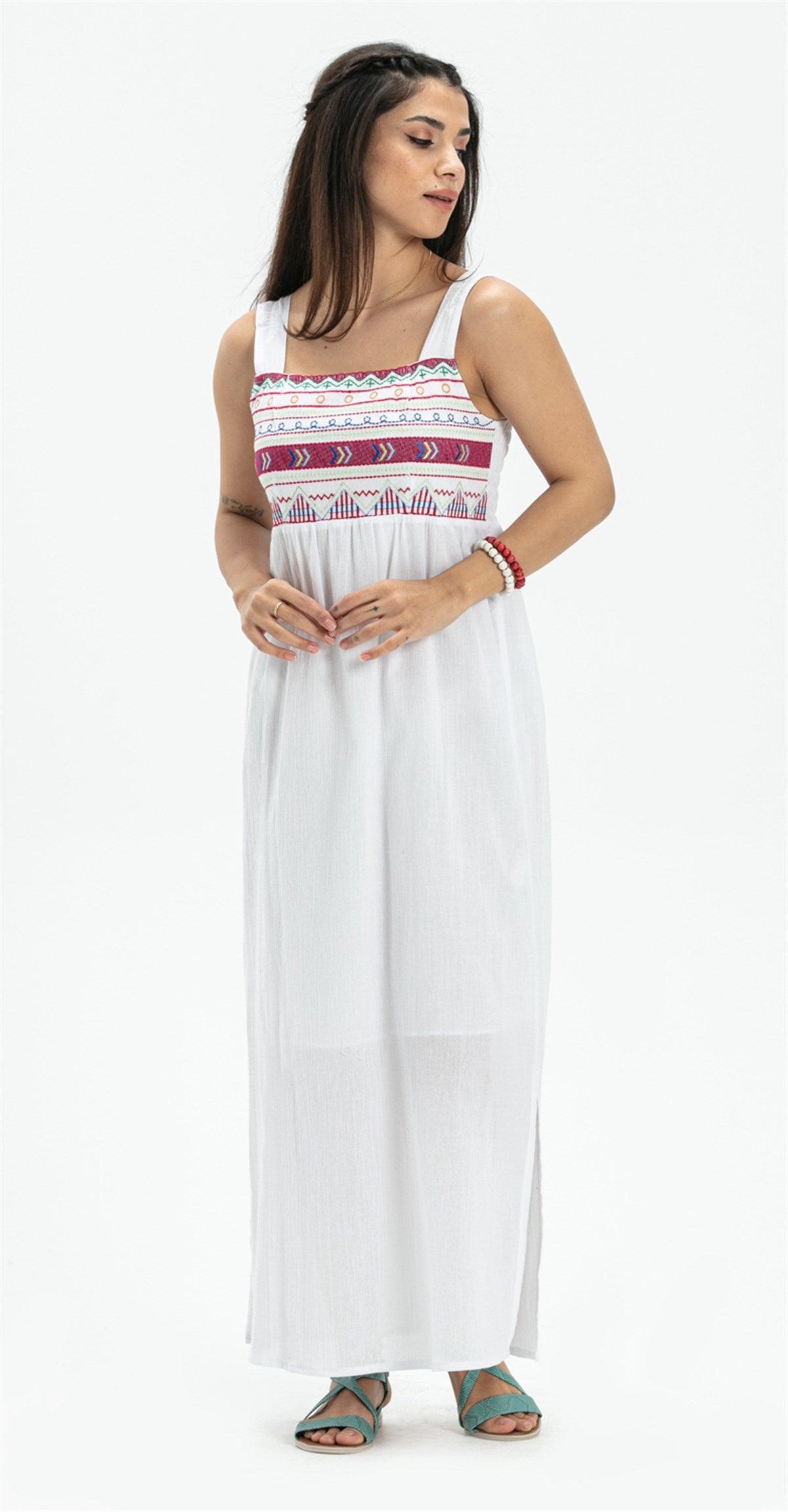 Strappy Ethnic Embroidered White Long Dress - trendynow