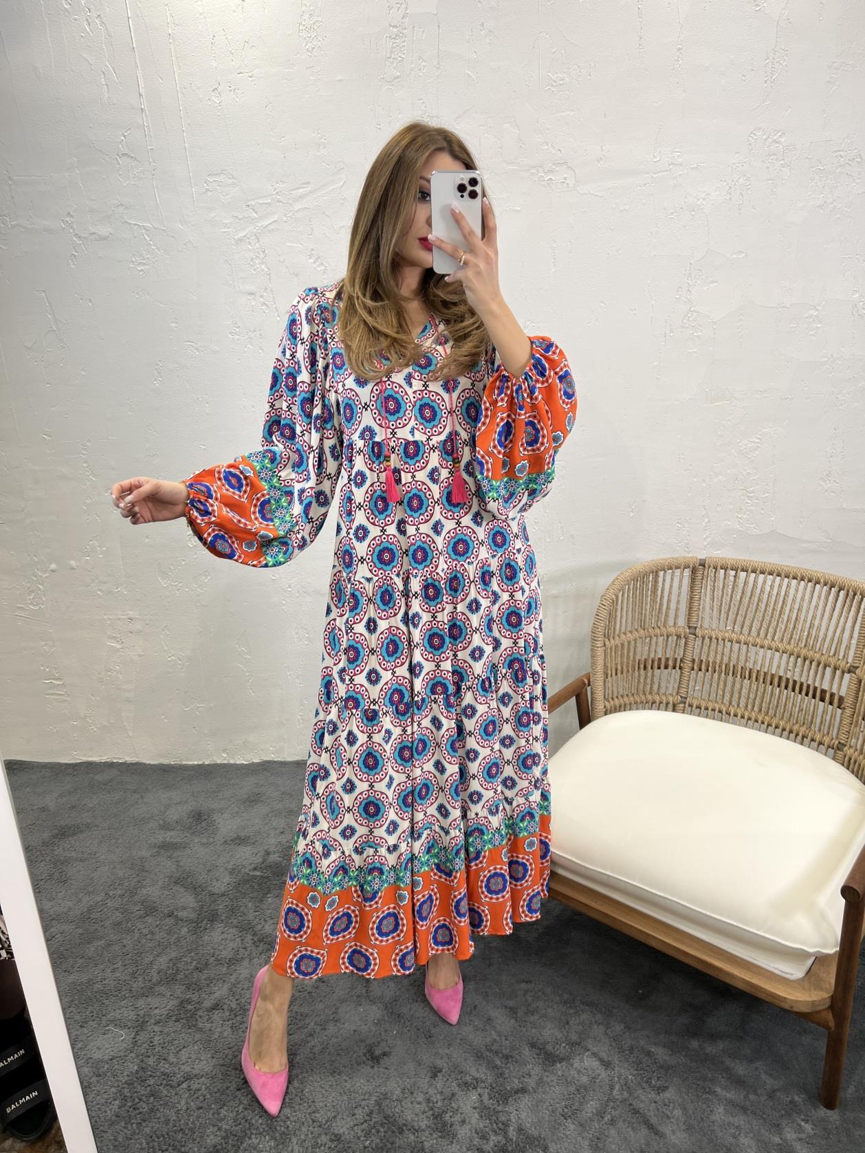 Batwing Sleeve Maxi Dress in Mandala Print with Tassels Details - trendynow