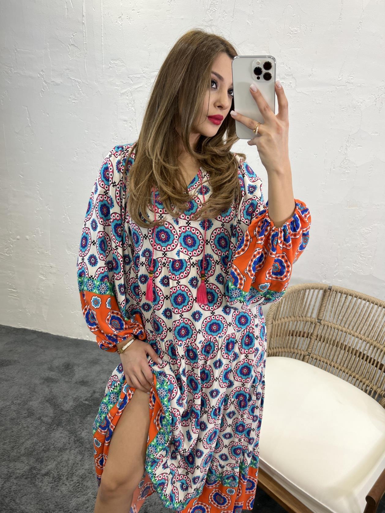 Batwing Sleeve Maxi Dress in Mandala Print with Tassels Details - trendynow