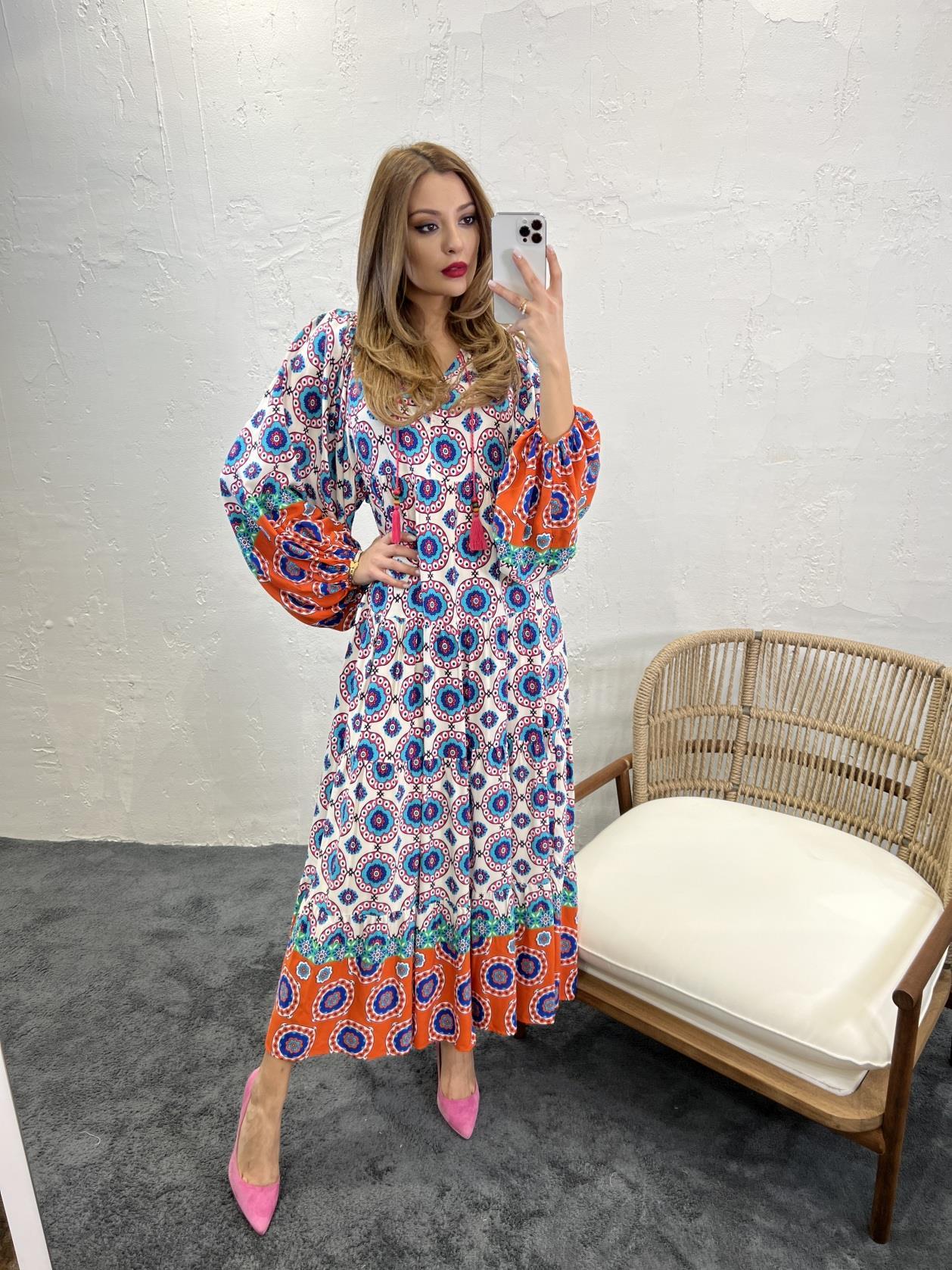 Batwing Sleeve Maxi Dress in Mandala Print with Tassels Details - trendynow