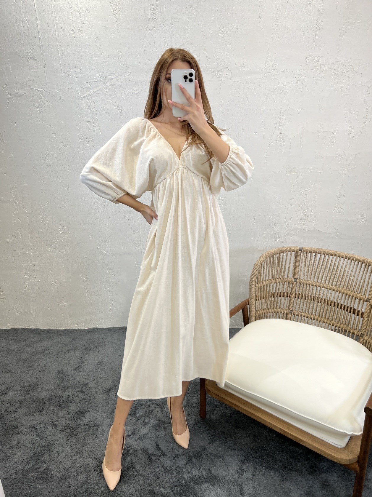 Batwing Sleeves V - neck Open Back Midi Linen Dress In Natural Beige - trendynow