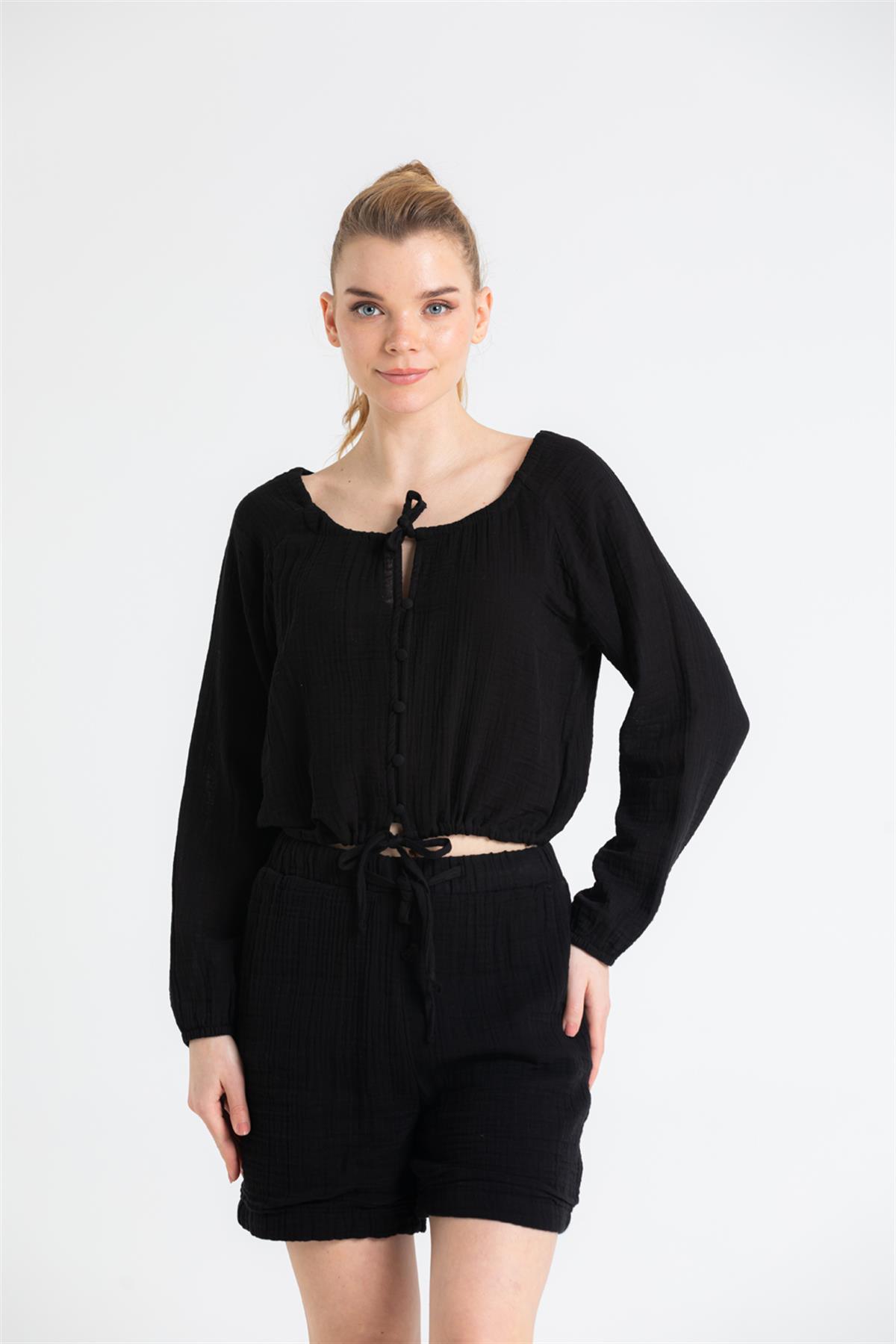 Button - Front Long Sleeve Muslin Blouse - trendynow