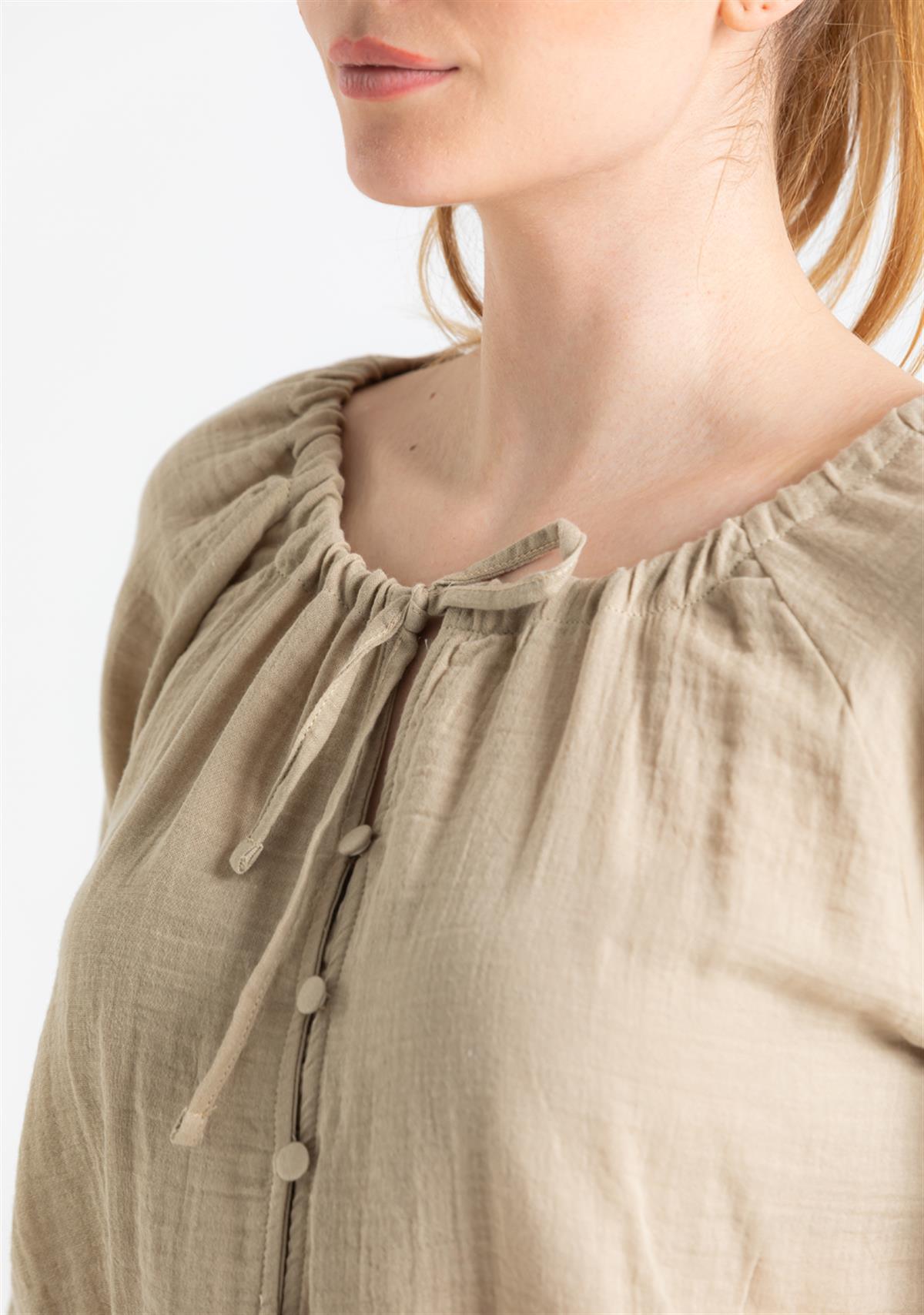 Button - Front Long Sleeve Muslin Blouse - trendynow