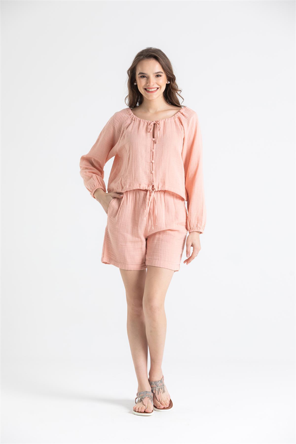 Button - Front Long Sleeve Muslin Blouse - trendynow