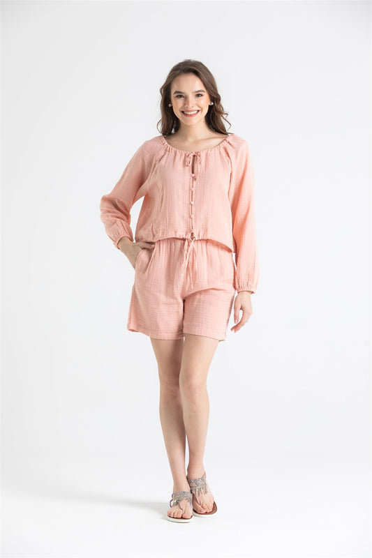 Button - Front Long Sleeve Muslin Blouse - trendynow