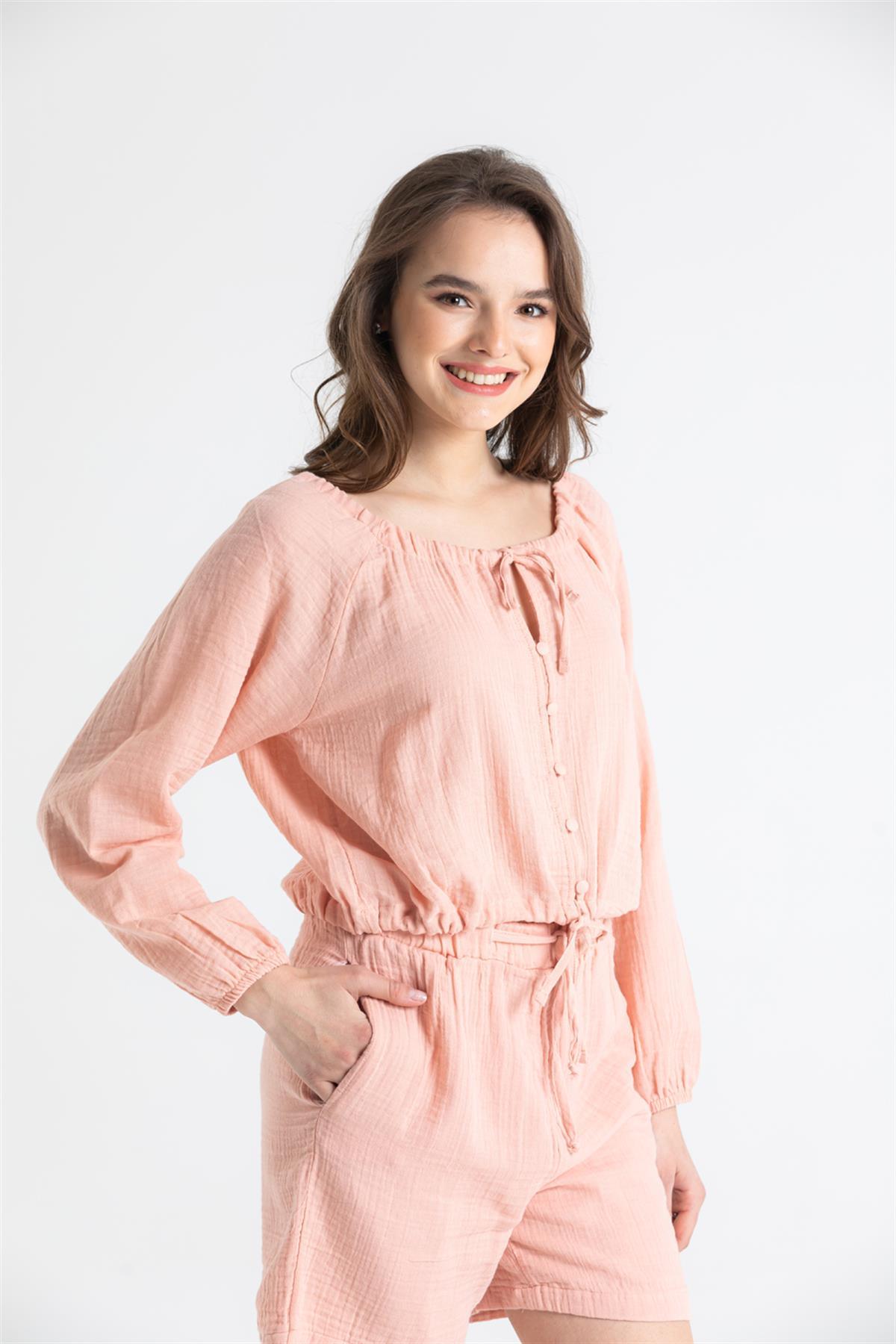 Button - Front Long Sleeve Muslin Blouse - trendynow