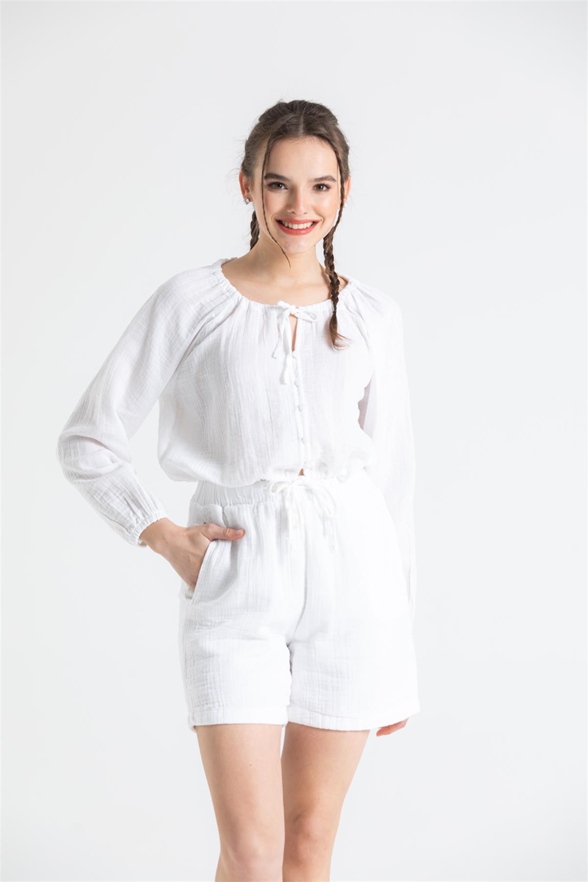 Button - Front Long Sleeve Muslin Blouse - trendynow