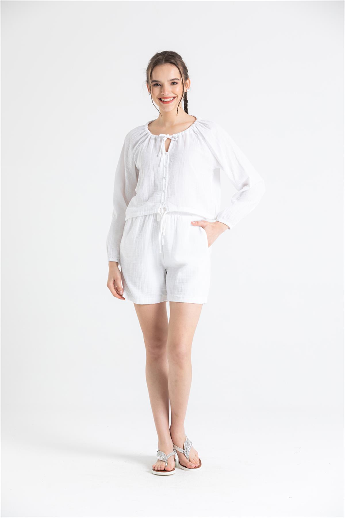 Button - Front Long Sleeve Muslin Blouse - trendynow