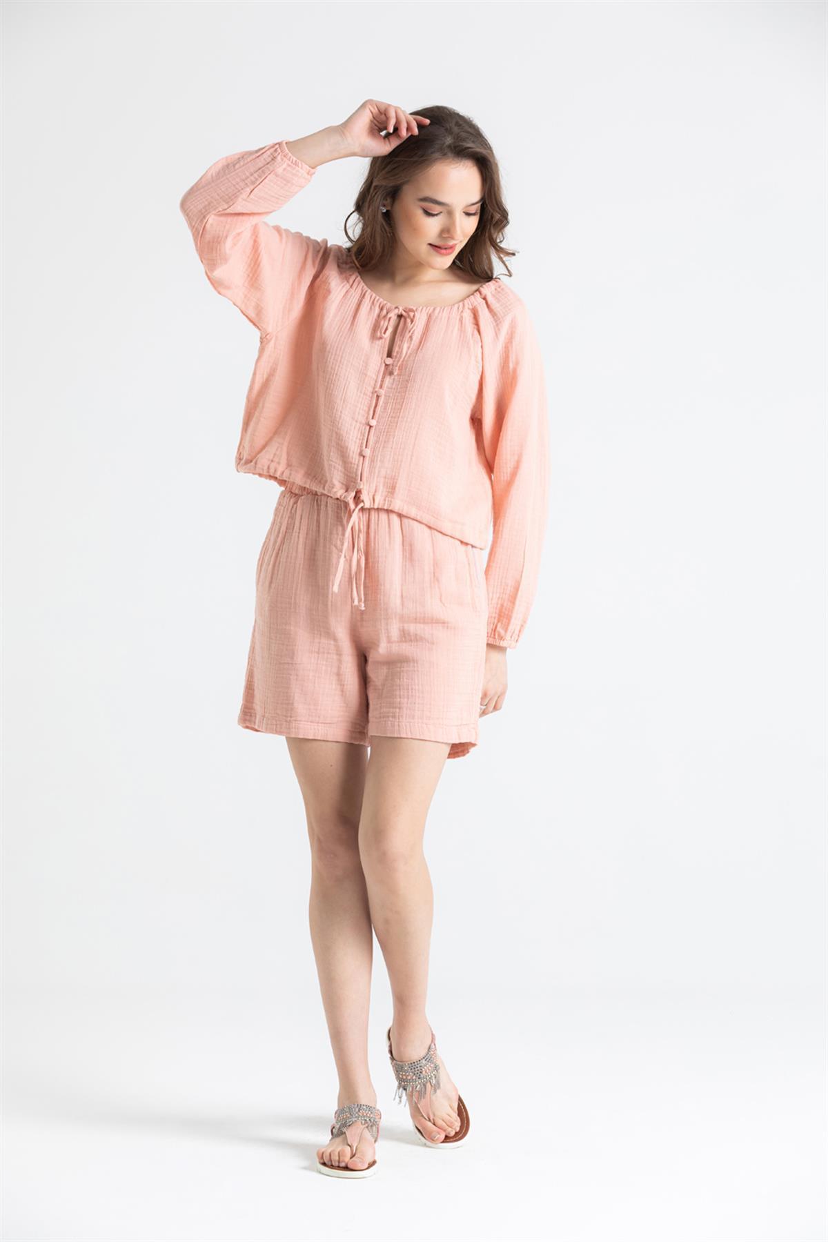 Button - Front Long Sleeve Muslin Blouse - trendynow