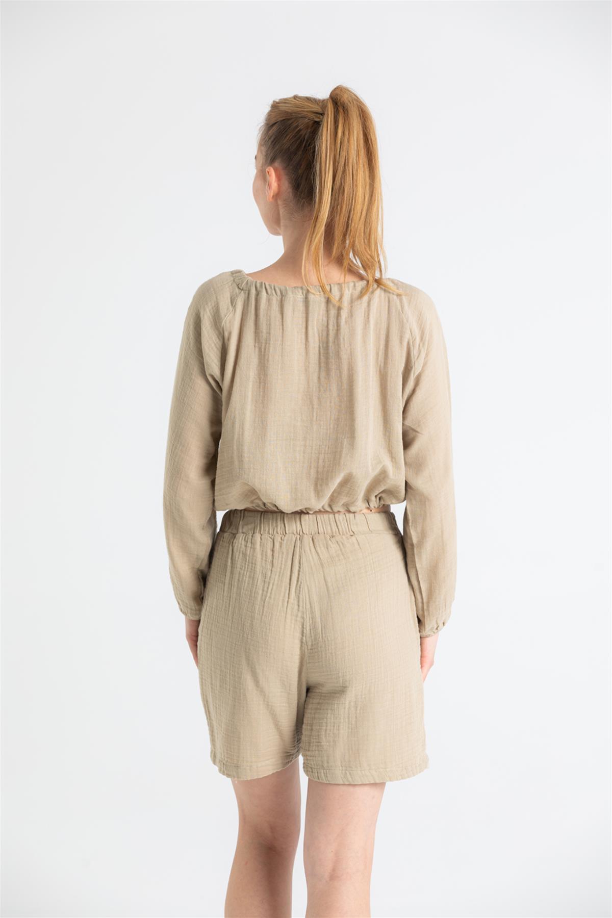 Button - Front Long Sleeve Muslin Blouse - trendynow