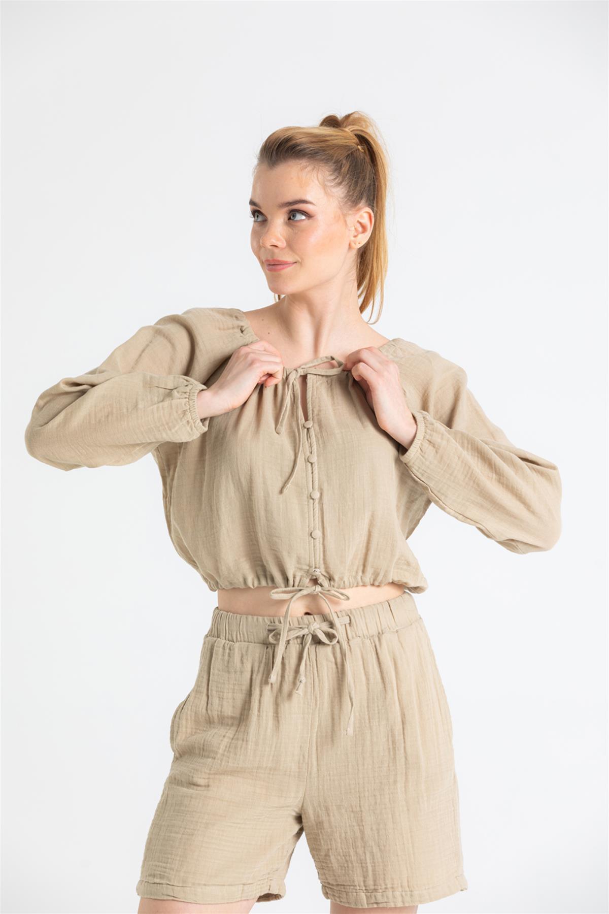 Button - Front Long Sleeve Muslin Blouse - trendynow