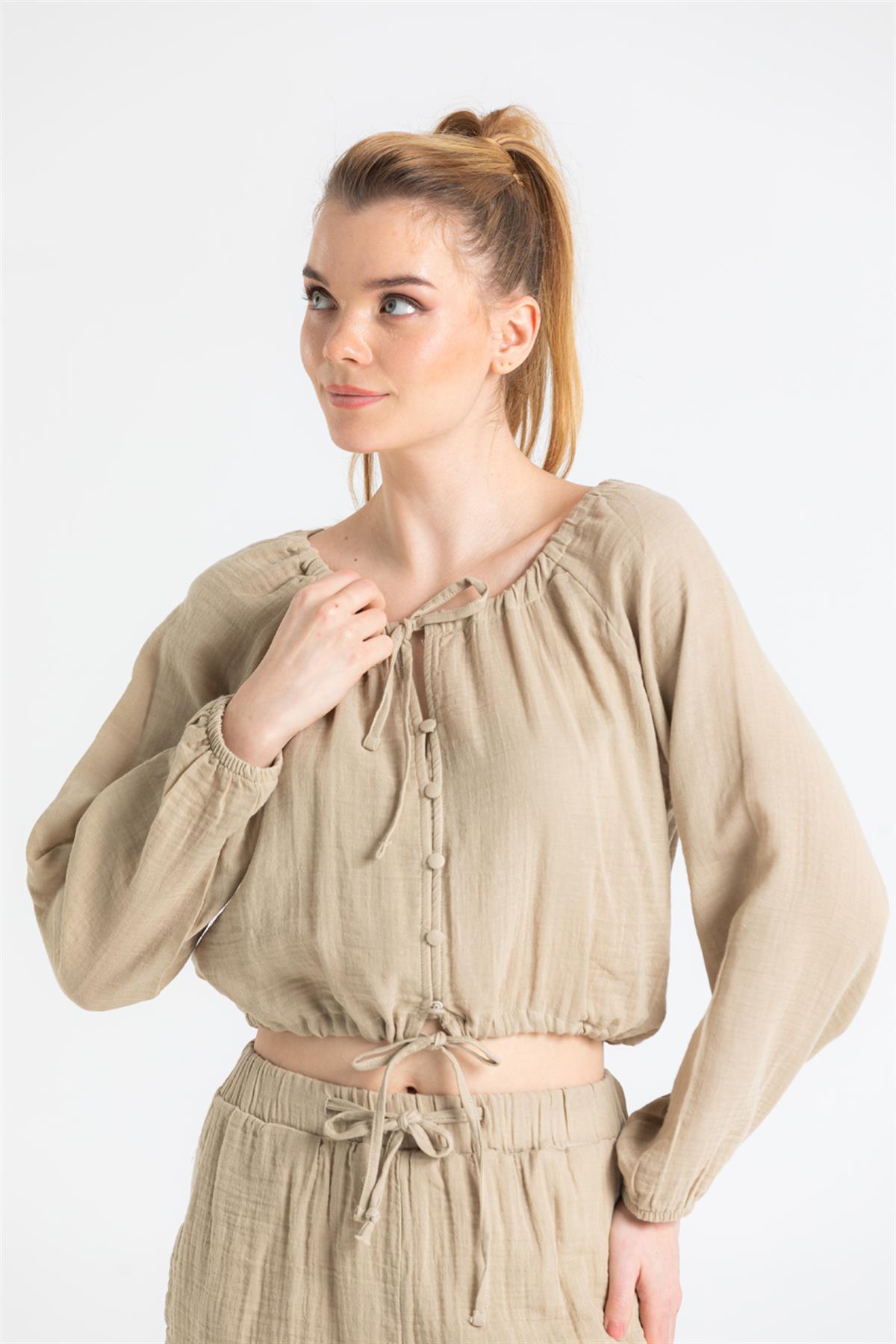 Button - Front Long Sleeve Muslin Blouse - trendynow